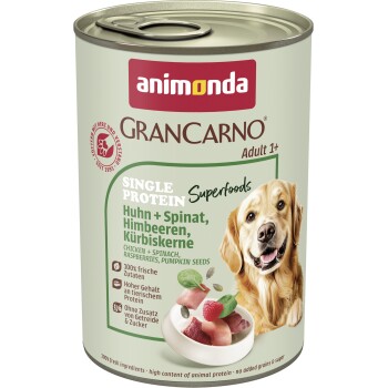 animonda GranCarno Single Protein Superfoods Nassfutter Hund Adult, Huhn und Spinat, Himbeeren, Kürbiskerne 12x400 g