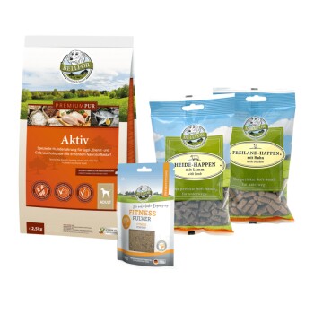 Bellfor Futterset für körperlich aktive Hunde - Premium PUR Aktiv + Fitness Pulver + Soft-Snacks 2,980 g
