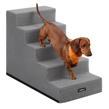 FEANDREA Hundetreppe, 2/3/4/5 Stufen Haustiertreppe aus grauem Cordstoff Waschbar hellgrau XXL
