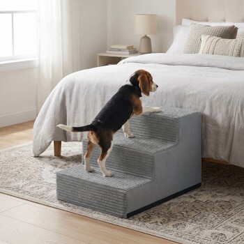 FEANDREA Hundetreppe, 2/3/4/5 Stufen Haustiertreppe aus grauem Cordstoff Waschbar hellgrau L