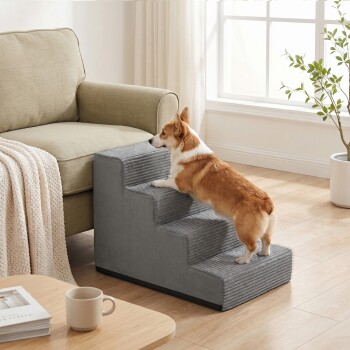FEANDREA Hundetreppe, 2/3/4/5 Stufen Haustiertreppe aus grauem Cordstoff Waschbar hellgrau XL