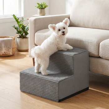 FEANDREA Hundetreppe, 2/3/4/5 Stufen Haustiertreppe aus grauem Cordstoff Waschbar hellgrau M
