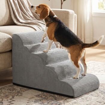 FEANDREA Hundetreppe, 2/3/4/5 Stufen, Cord mit Querstreifen, wasserdicht, rutschfest, abnehmbarer waschbarer Bezug