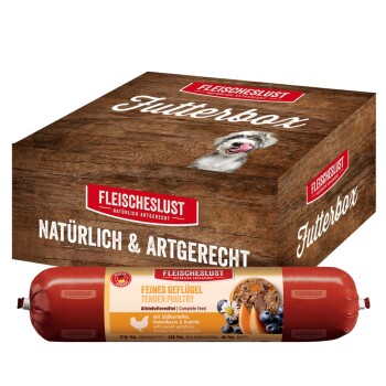 Fleischeslust Nassfutter Hund Adult Futterbox Geflügel, Heidelbeere, Süßkartoffel & Kamille 8x400 g