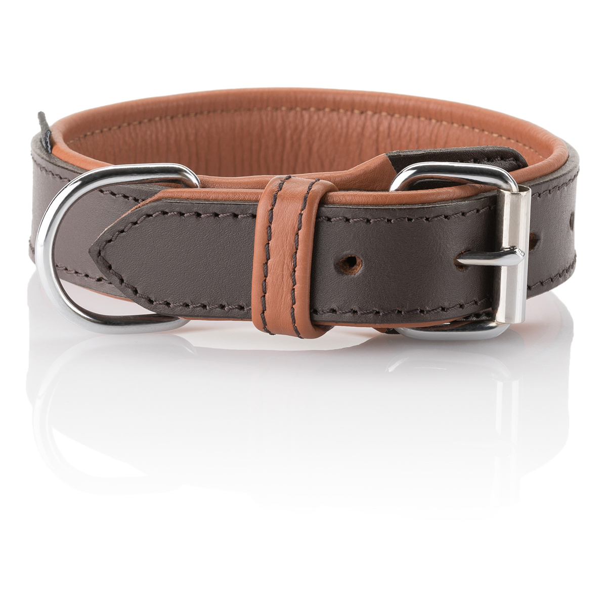 Knuffelwuff weiches Echtleder Hundehalsband mit Schnallenschutz Detroit Braun/Orangebraun...