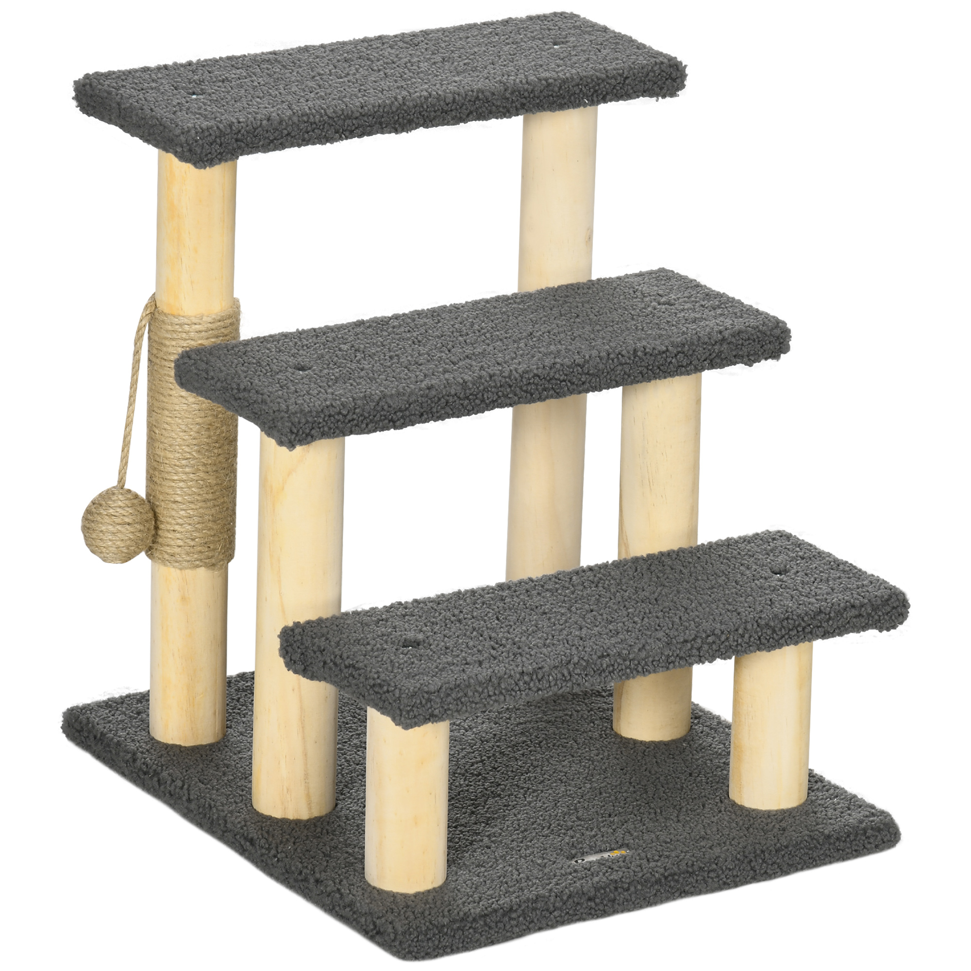 PawHut 3 Stufen Katzentreppe 48H cm Haustiertreppe mit Teddystoff für kleine Katzen grau, ideal für Senioren & kleine Rassen Aosom.de