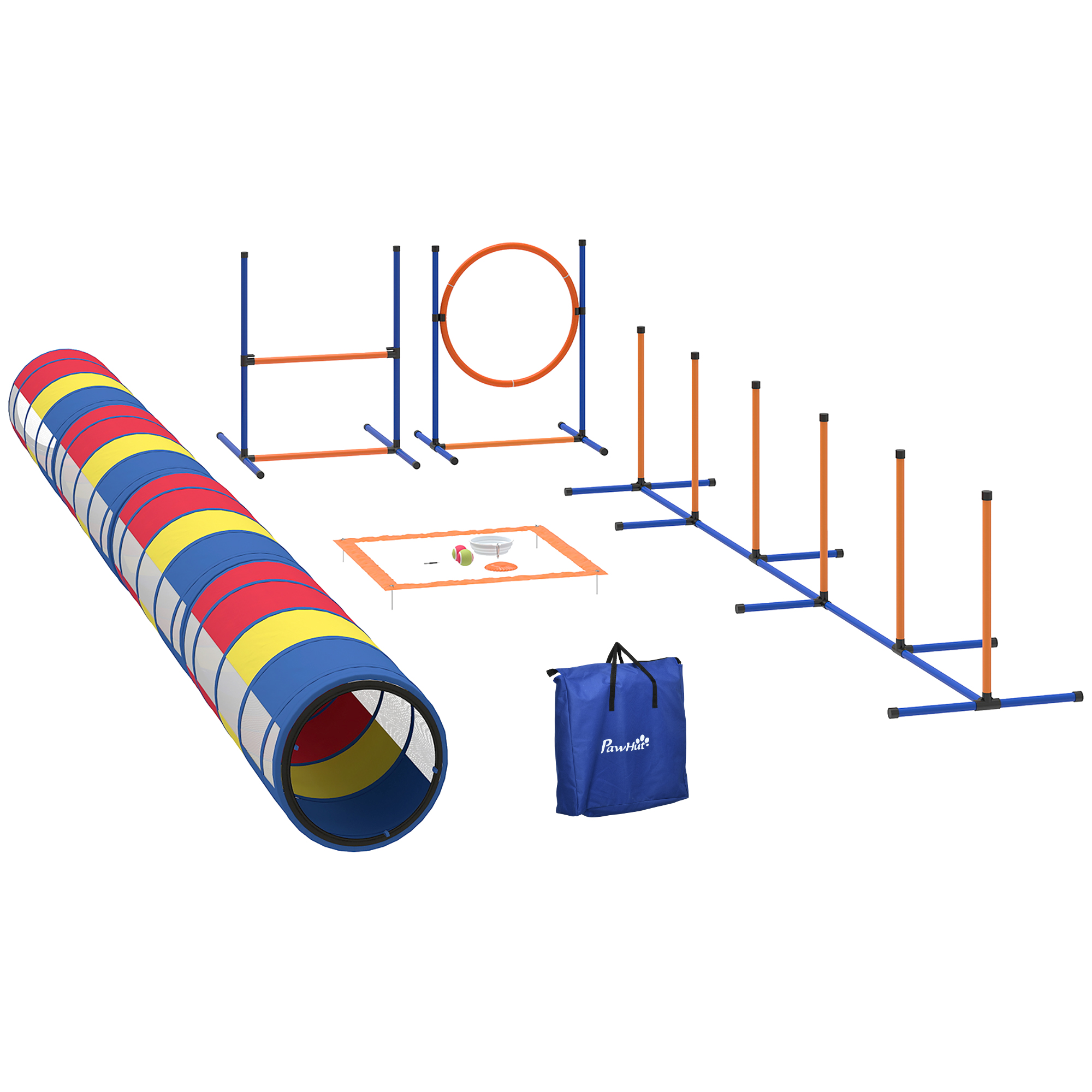 PawHut Agility-Set für Hunde, 12-teilig, 4 Tunnel, verstellbare Sprünge, Ring, Slalom, Frisbee, Tennisball, Trainingsplattform, faltbarer Napf, Leckerlibeutel, Aufbewahrungstasche Aosom