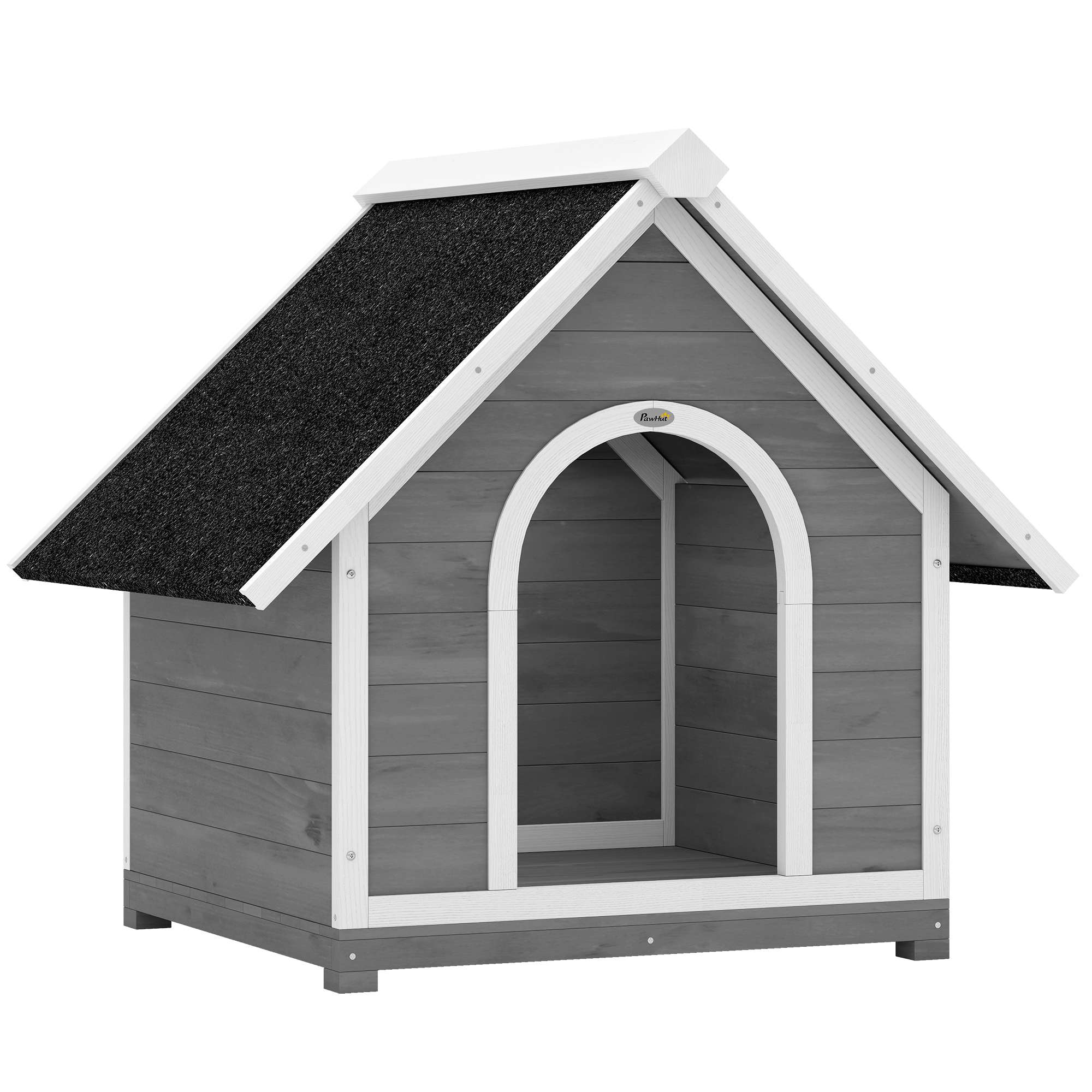 PawHut Außen-Hundehütte aus Holz, komplett aufklappbares Gehäuse für einfache Reinigung - Hundehaus mit bituminösem, wasserdichtem Dach - Erhöhte skandinavische Villa 84x101x86 cm, Grau und Weiß Aosom