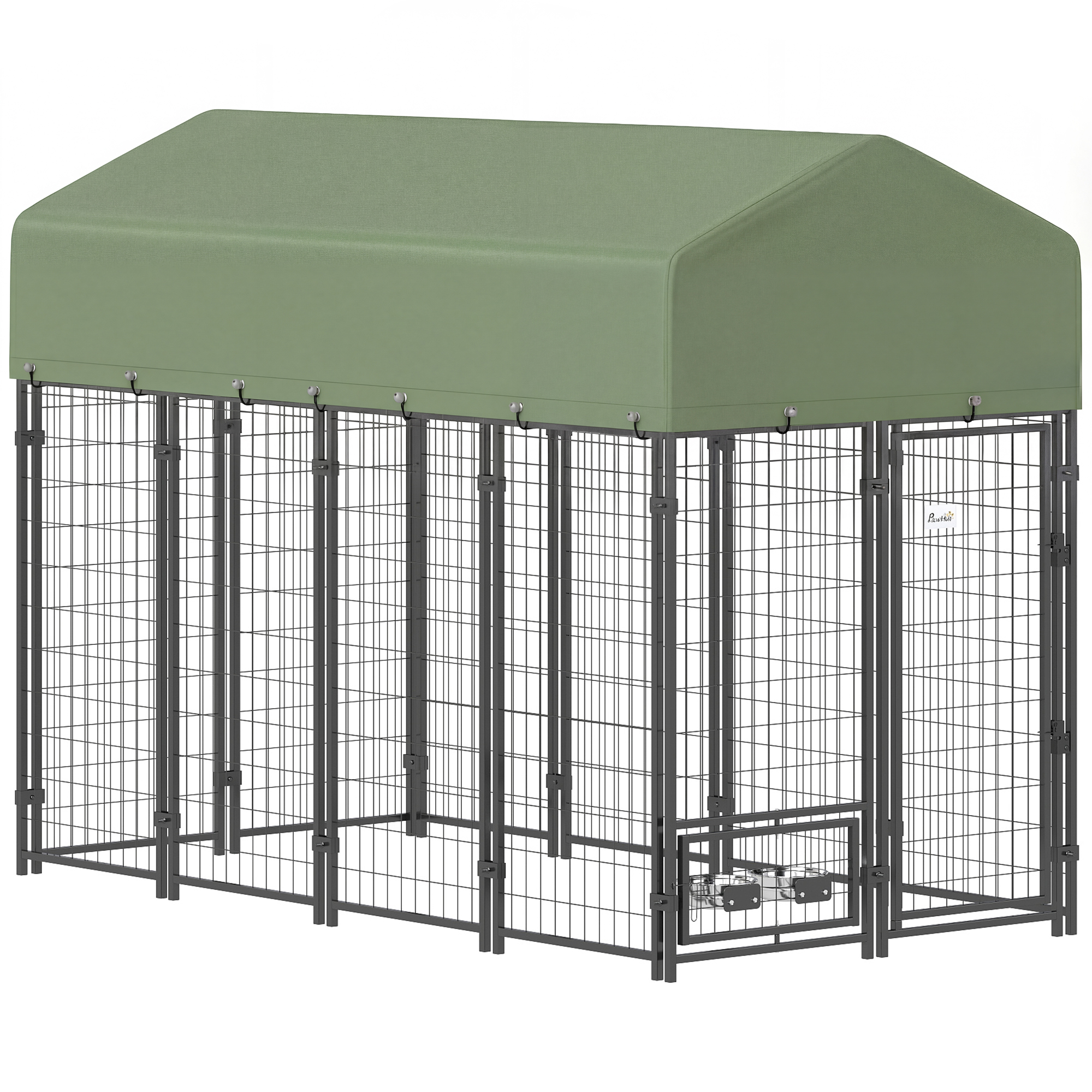 PawHut großer Außen-Hundezwinger, Hundebox aus Stahl 244 x 122 x 183 cm, UV-beständiges wasserdichtes Dach, umkehrbare Tür, 2 höhenverstellbare Drehnäpfe, 2 Schlösser, Welpenkennel, Grün