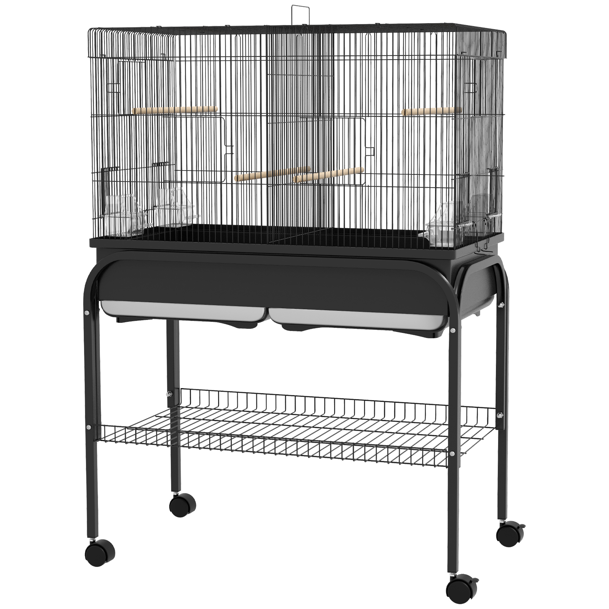 PawHut Großer Vogelkäfig, Papageienkäfig, Vogelvoliere für innen und außen, mit Ständer, Rollen für Kakadus Wellensittiche Kanarienvögel Papageien, Stahl, 85 x 49 x 119 cm, schwarz Aosom