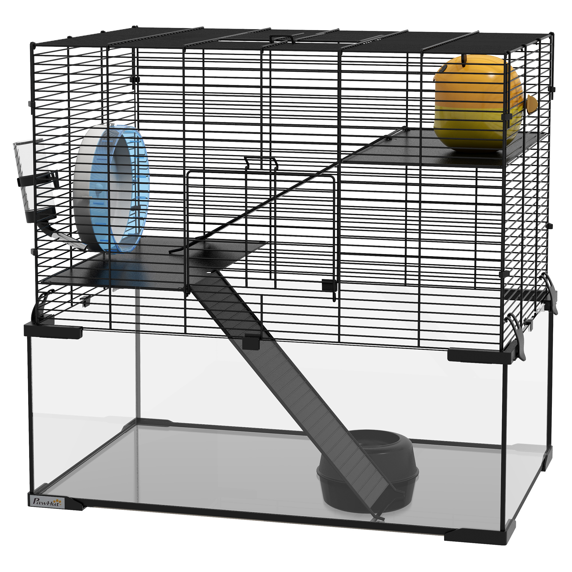 PawHut Hamsterkäfig, Nagerkäfig, 3 Ebenen mit Laufrad, Rampen, Häuschen, Trinkflasche, Futternapf, 60L x 40B x 57H cm, Schwarz Aosom