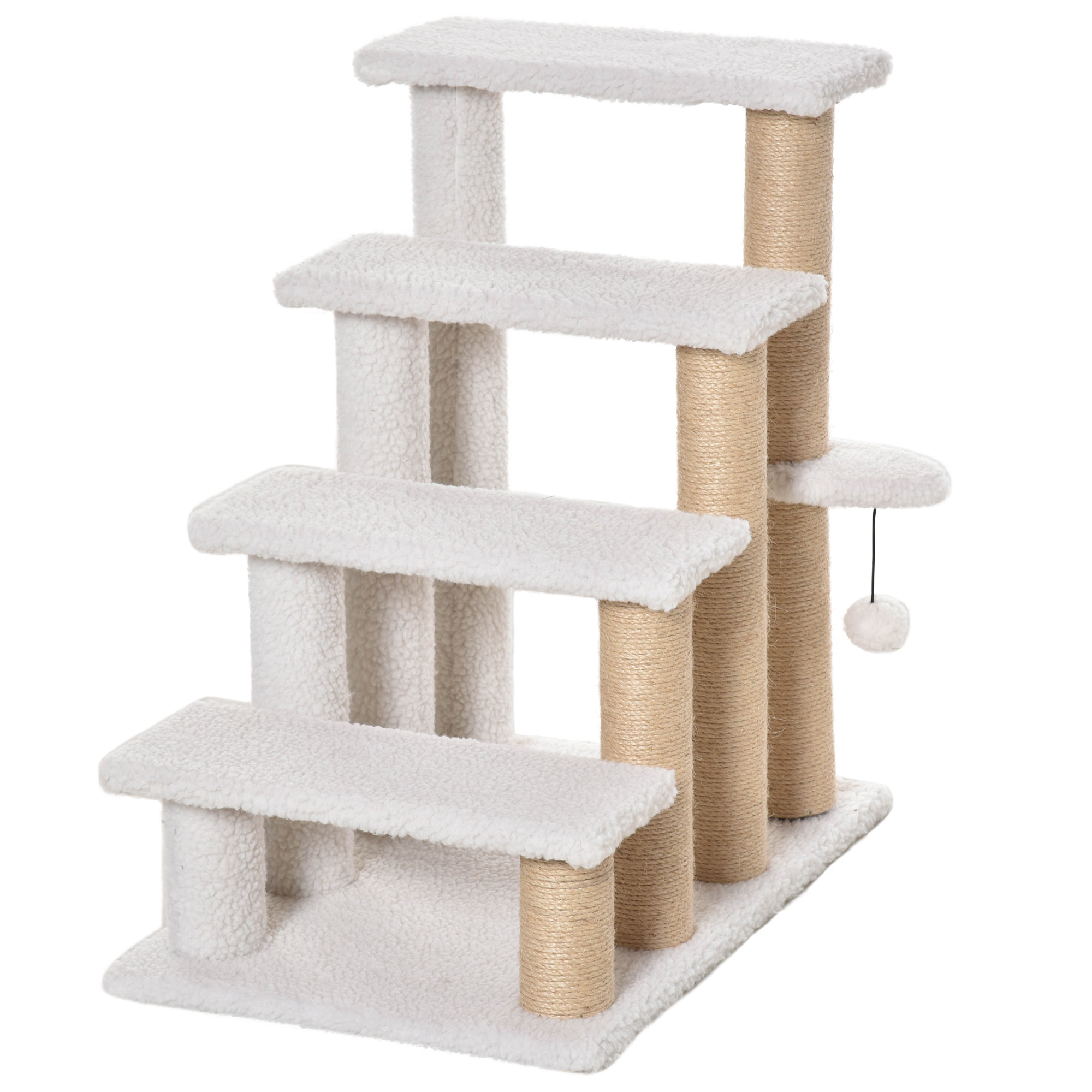 PawHut Haustiertreppe mit Kratzbaum 4-stufige Katzentreppe & Hundetreppe aus Spanplatte, Plüsch & Jute, Weiß, 60x40x64cm für Katzen & Hunde Aosom.de