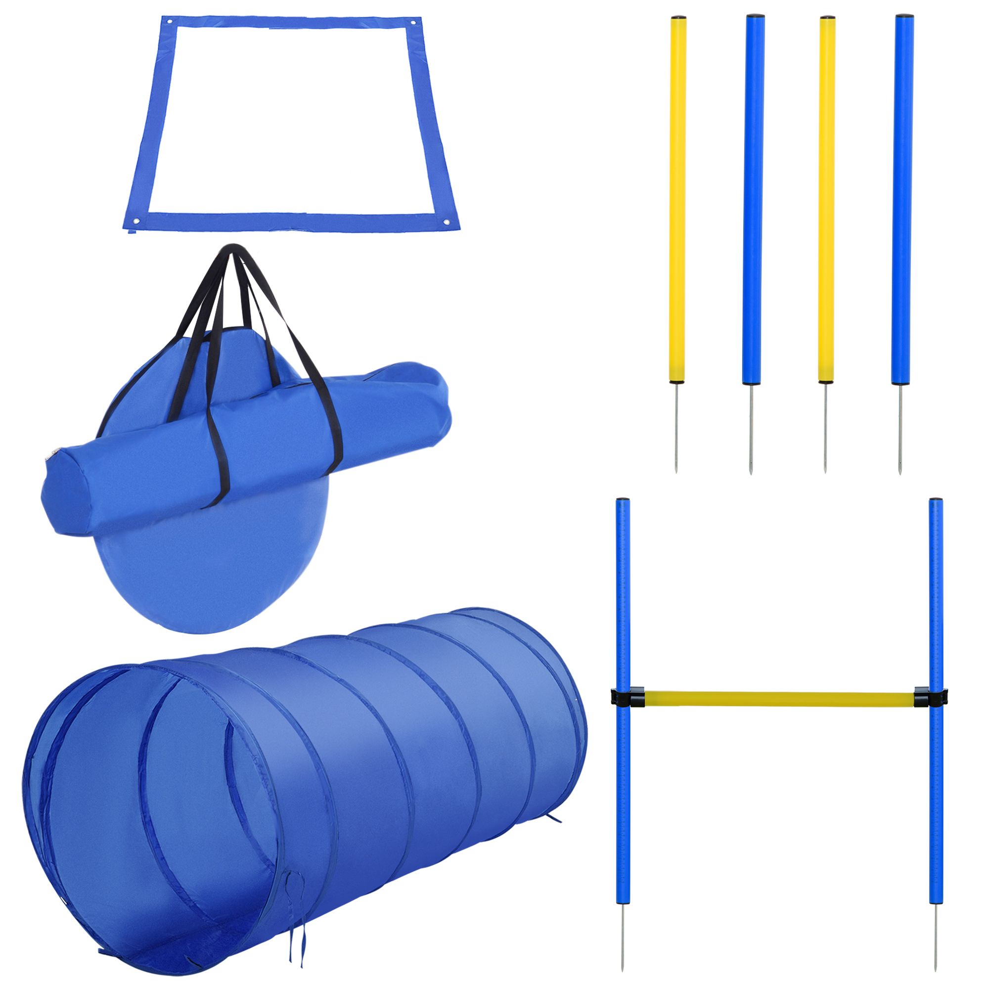 PawHut Hunde Agility Set Trainingsgeräte mit Tunnel Slalomstangen Hürdenstange und Startfeld für aktives Hundetraining Blau Aosom.de