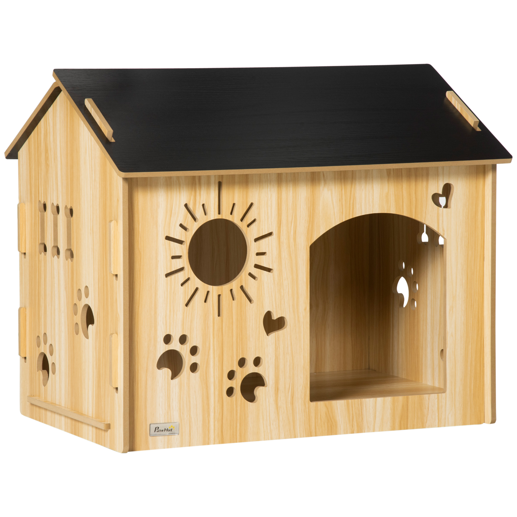 PawHut Hundehütte aus Holz Kleintierhaus mit Lüftungsöffnungen 69 x 50 x 58,5 cm, Hundehaus mit Dach, Indoor MDF Eiche Schwarz Aosom.de