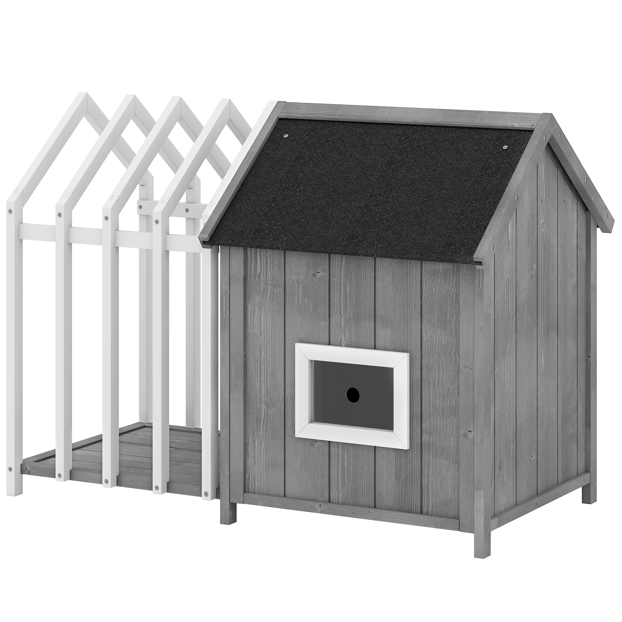 PawHut Hundehütte für den Außenbereich aus Holz mit Terrasse, Zaun, Lamellentür und Bitumendach, erhöhte Füße, Robustes Hundehaus 106 x 62,5 x 80,5 cm Aosom