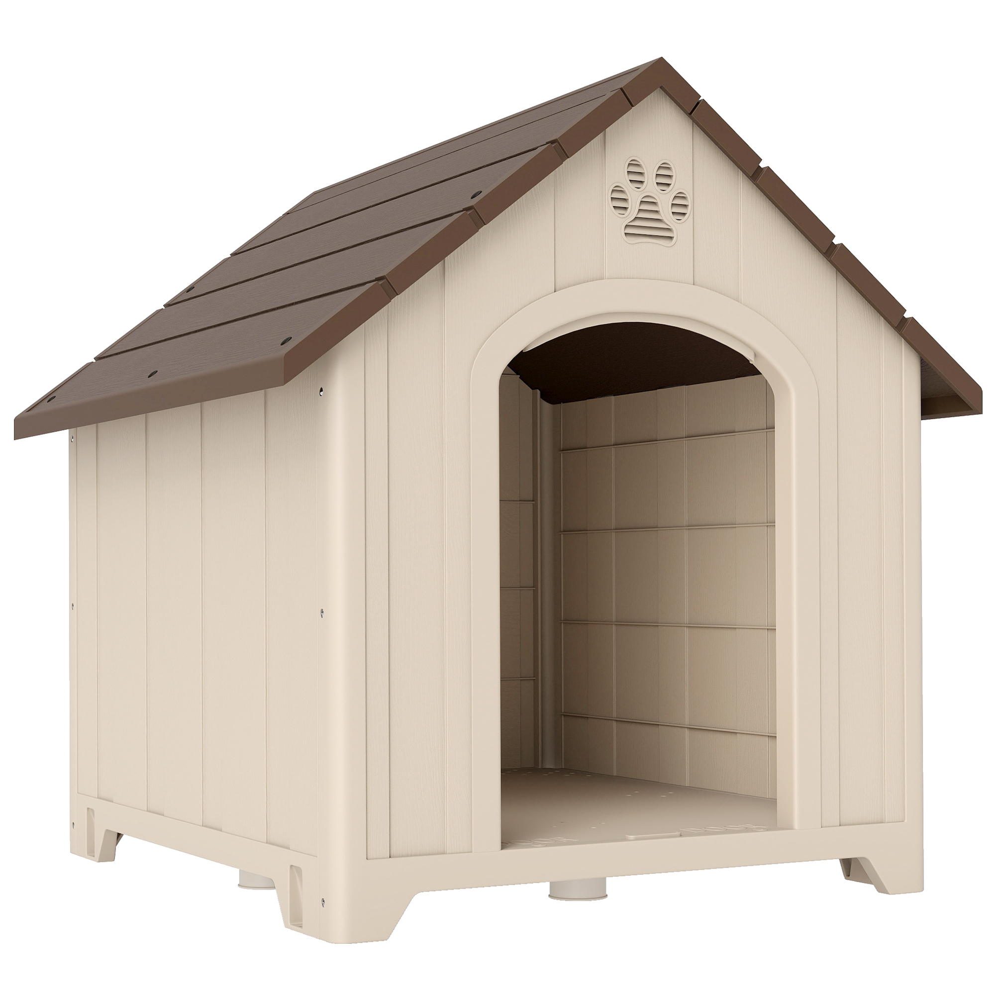 PawHut Hundehütte für den Außenbereich, Große und XL-Größe, wasserdichtes Kunststoff-Hundehaus mit erhöhter Basis, Fenster und abgeschrägtem Dach für Garten, Patio, Terrasse, Zuhause, 102x94x103 cm, Beige Aosom