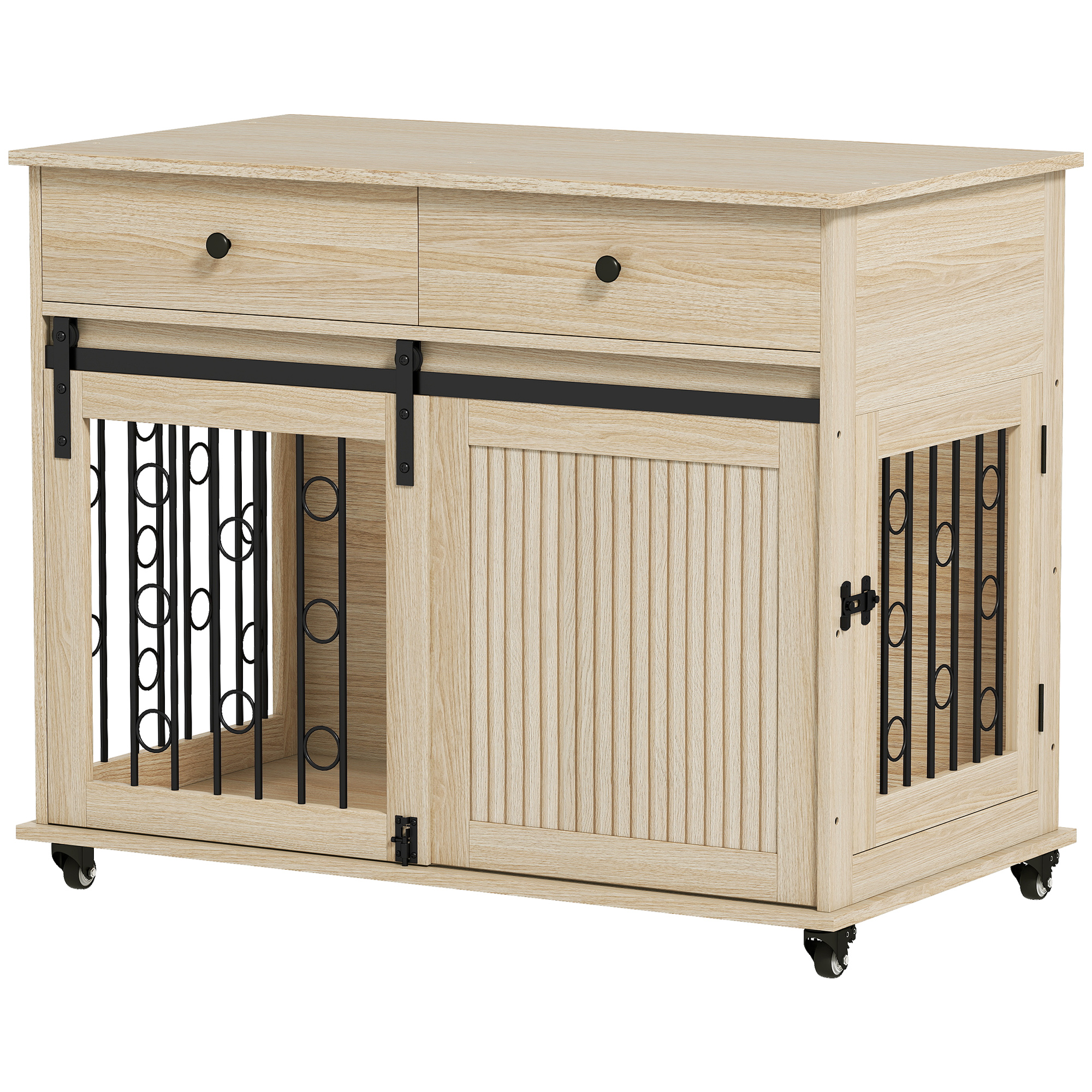 PawHut Hundekäfig 100 cm Hundebox für Zuhause mit Rollen, Schublade, Schiebetür, Abschließbare Seitentür Hundehütte für Mittelgroße, Große Hunde, Eiche
