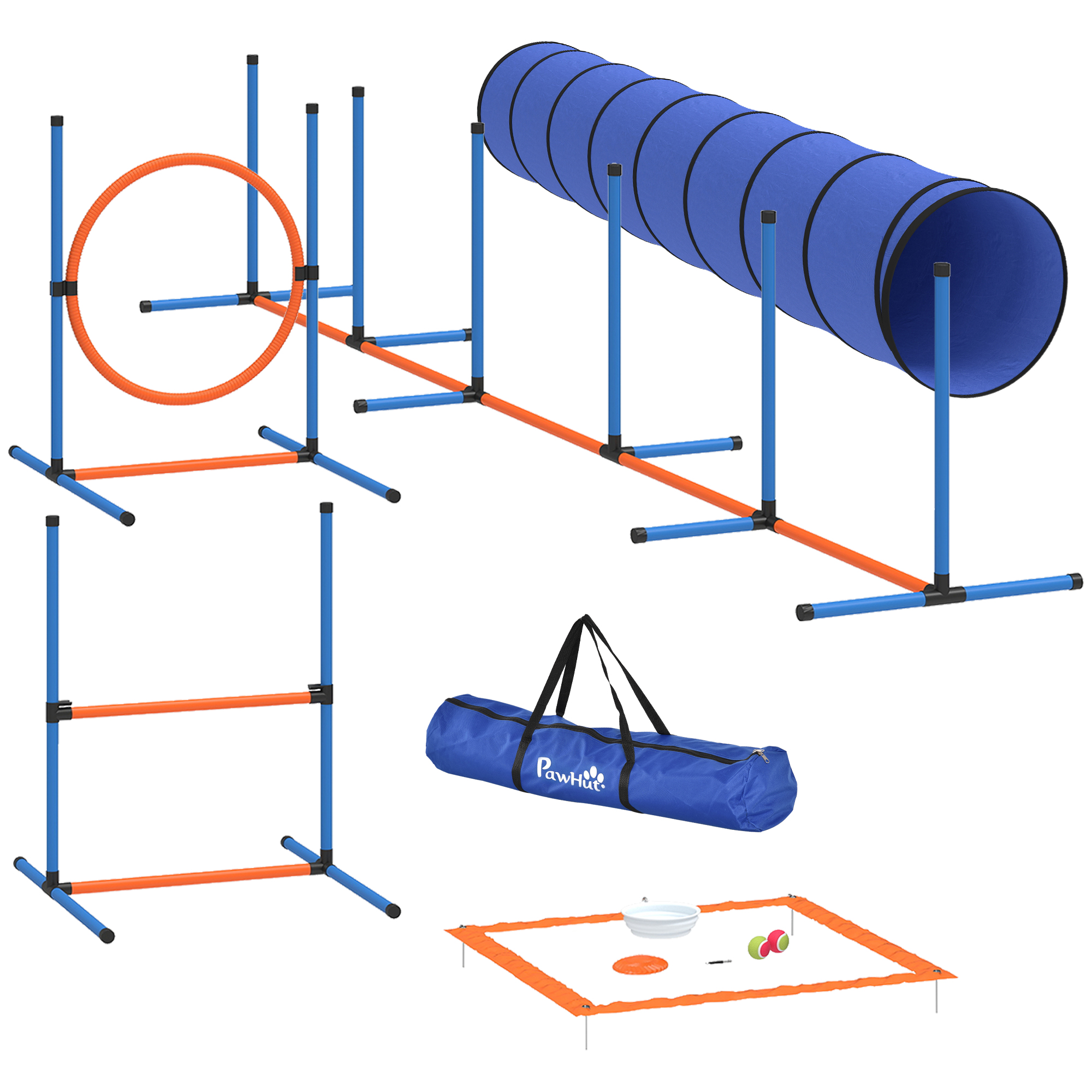 PawHut Hundetrainings-Set für Agility, 8-teiliges Set mit Tunnel, Slalomstangen, verstellbaren Hürden, Sprungring, Pausenplattform, Napf, Spielzeug und Tragetasche für Garten, Innen- und Außenbereich Aosom
