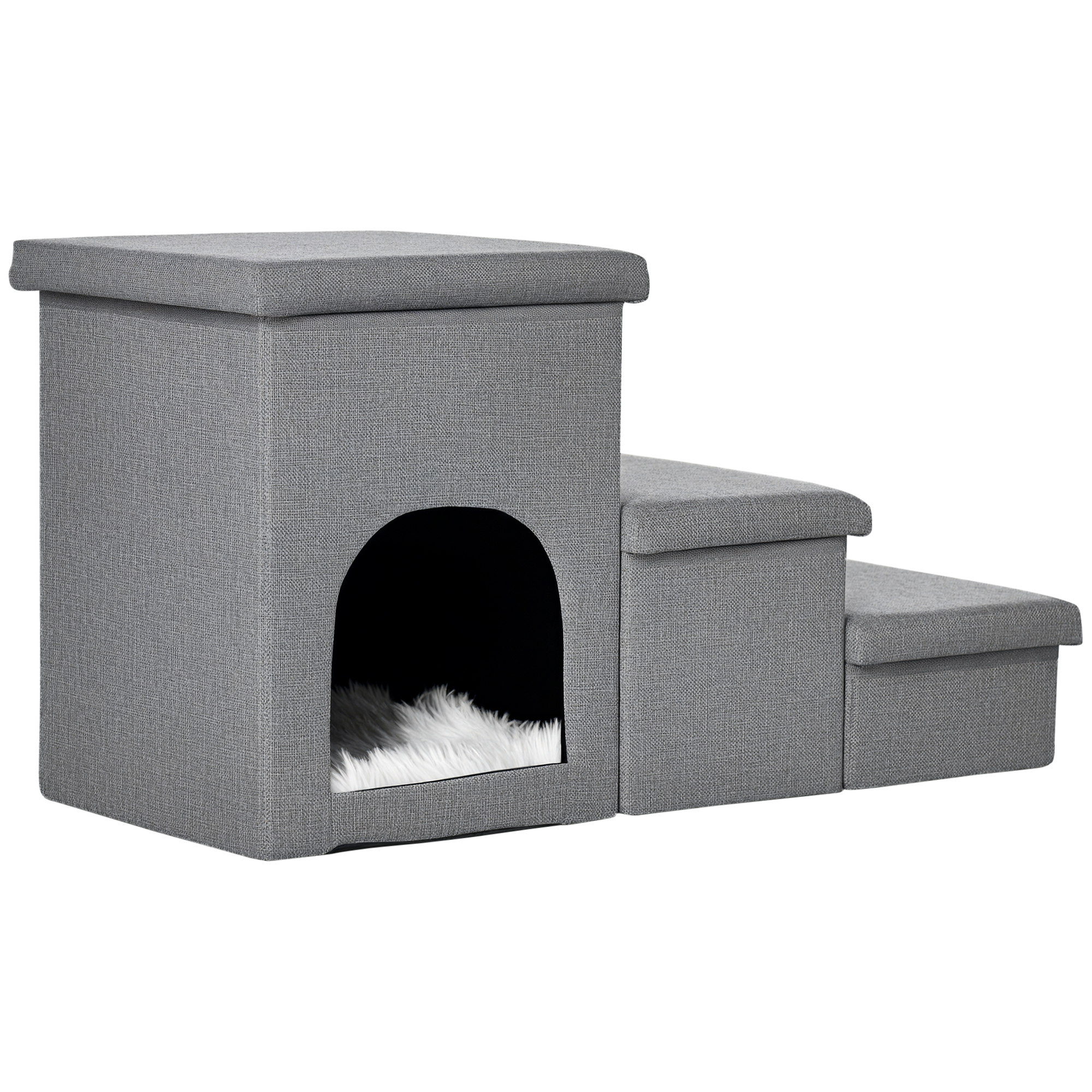PawHut Hundetreppe 3-stufige Katzentreppe mit Höhle und Stauraum, 3-in-1 Haustierrampe bis 10 kg, bequemes Kissen, Hellgrau Aosom.de