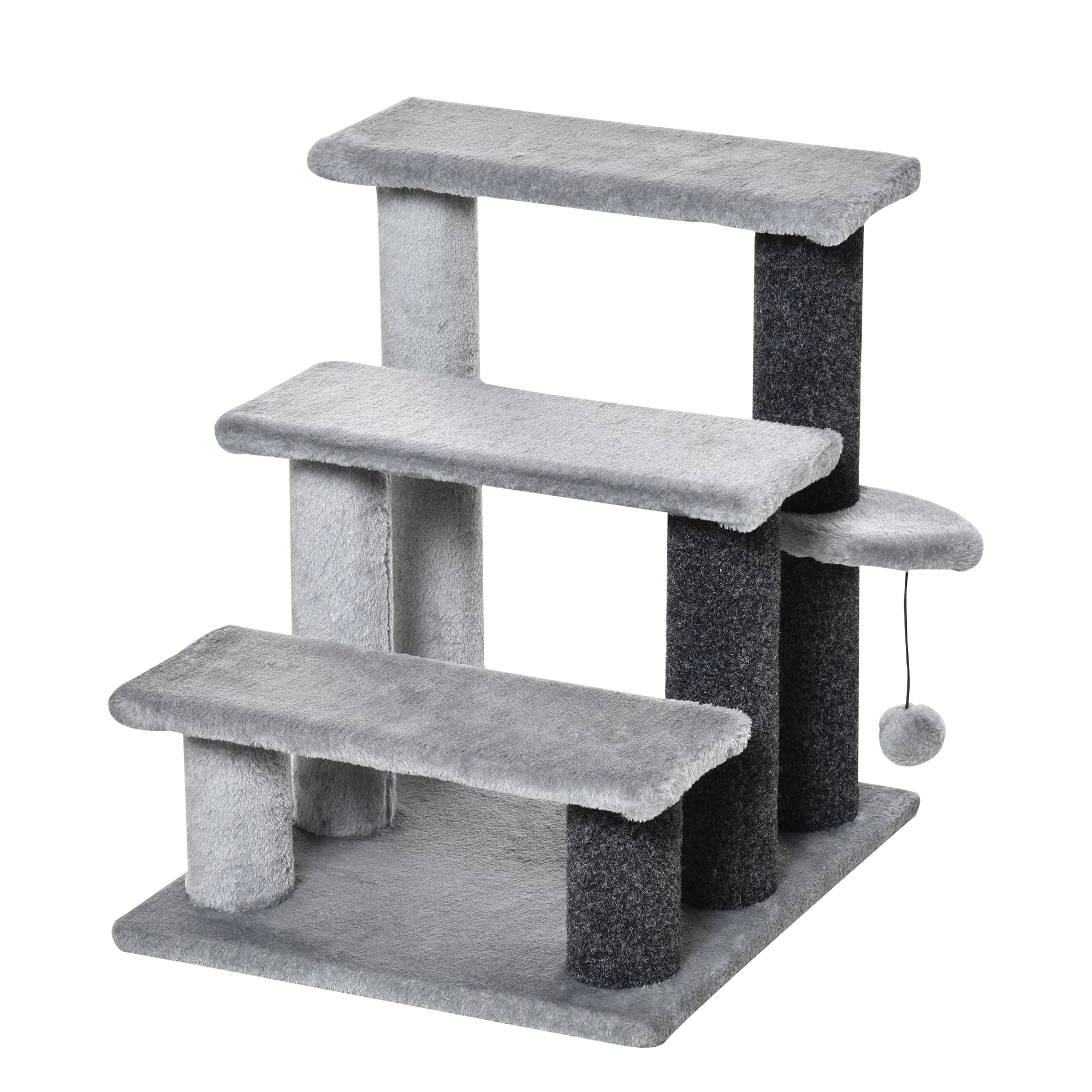 PawHut Katzentreppe Haustiertreppe Hundetreppe 3 Stufen mit Spielball Plüsch Grau 45x40x48cm für Katzen und Hunde Aosom.de