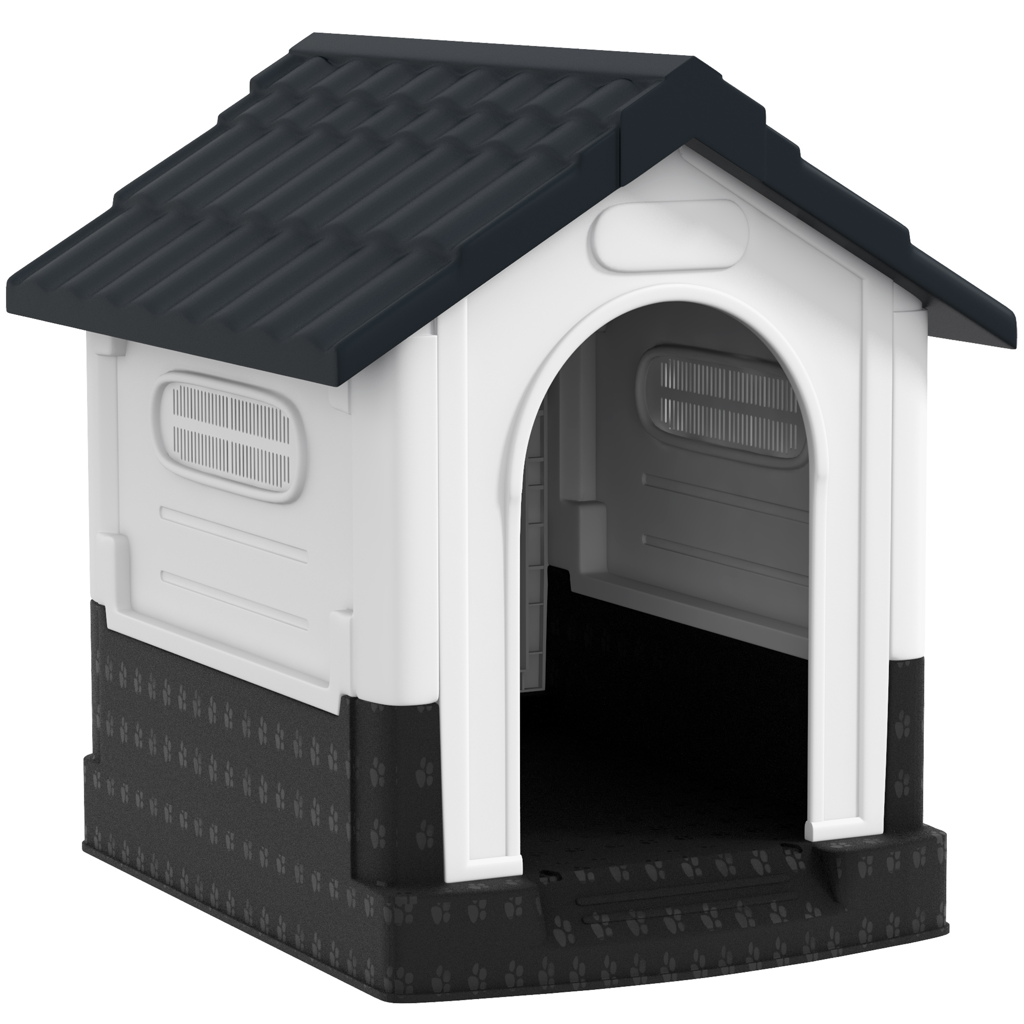 PawHut Mini-Hundehütte für den Außenbereich, Kunststoff-Hundehütte mit 3 Fenstern, erhöhte Basis, Dach in Ziegeloptik, 64,5x57x66 cm, Dunkelgrau Aosom