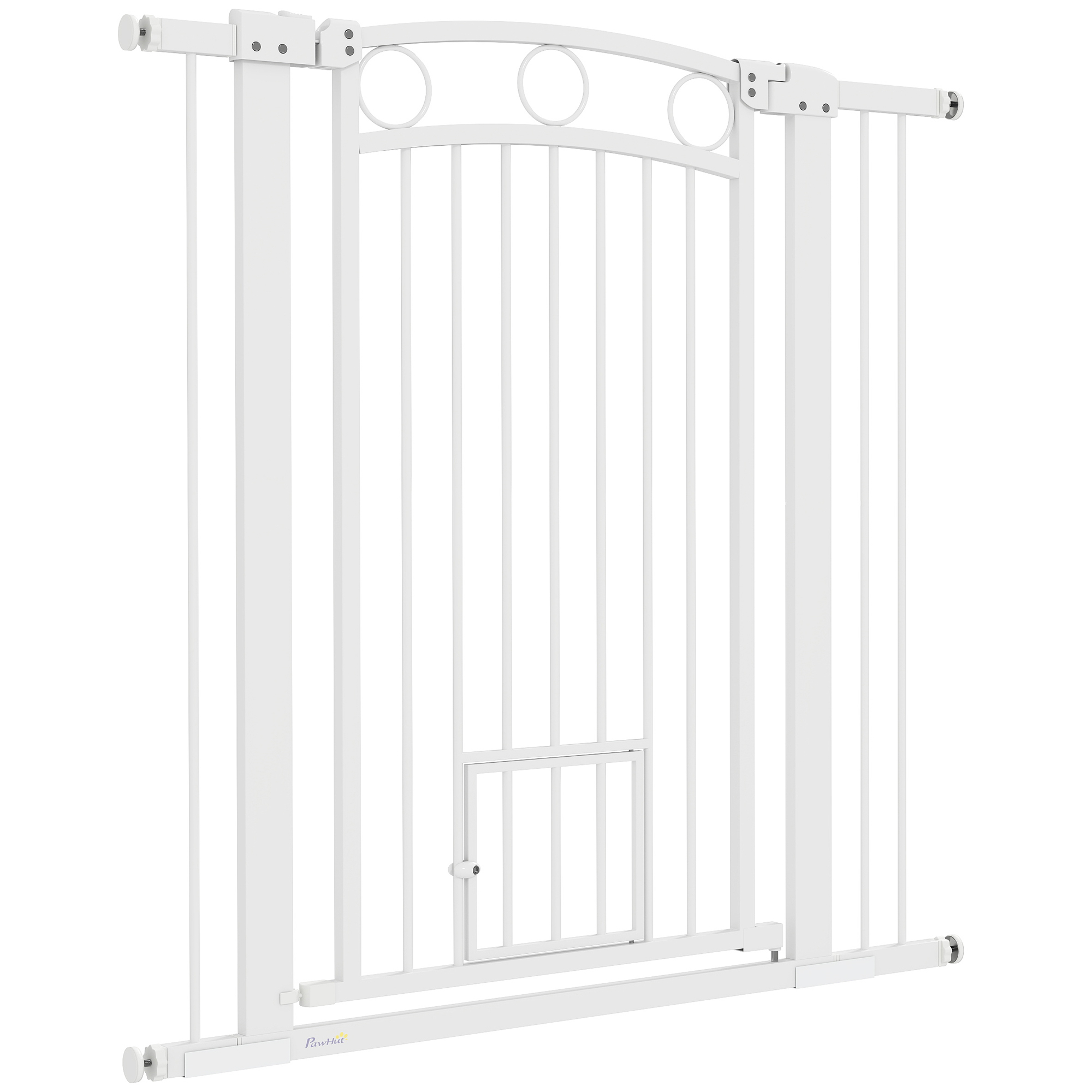 PawHut Türschutzgitter Hund, 76-104 cm Absperrgitter ohne Bohren, Treppengitter aus Stahl, Treppenschutzgitter mit Katzentür, Schutzgitter, Sicherheitsgitter für Treppen, Tür, Flur, Weiß Aosom