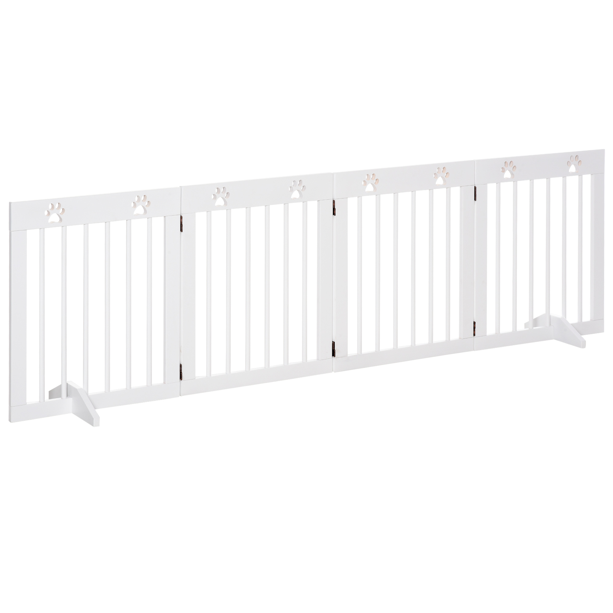 PawHut Absperrgitter Hund 4-teilig, 204 x 61 cm Faltbar Türschutzgitter mit 2 Stützfüßen, Freistehend Hundegitter, Treppengitter aus Holz für Flur, Treppe, Weiß Aosom