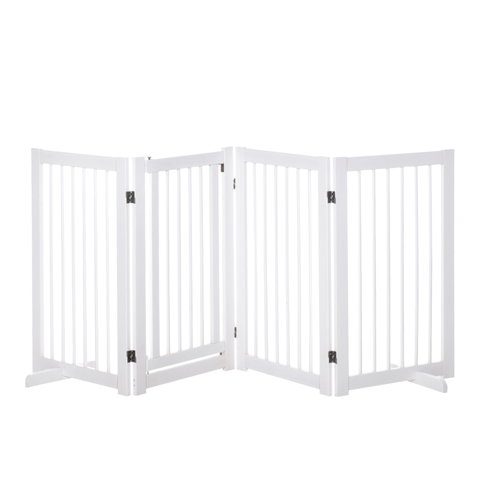 PawHut Absperrgitter Hund 4-teilig, 220 x 91 cm Faltbar Türschutzgitter mit Tür, Freistehend Hundegitter mit 2 Stützfüßen, Treppengitter aus Holz für Flur, Küche, Treppe, Weiß Aosom