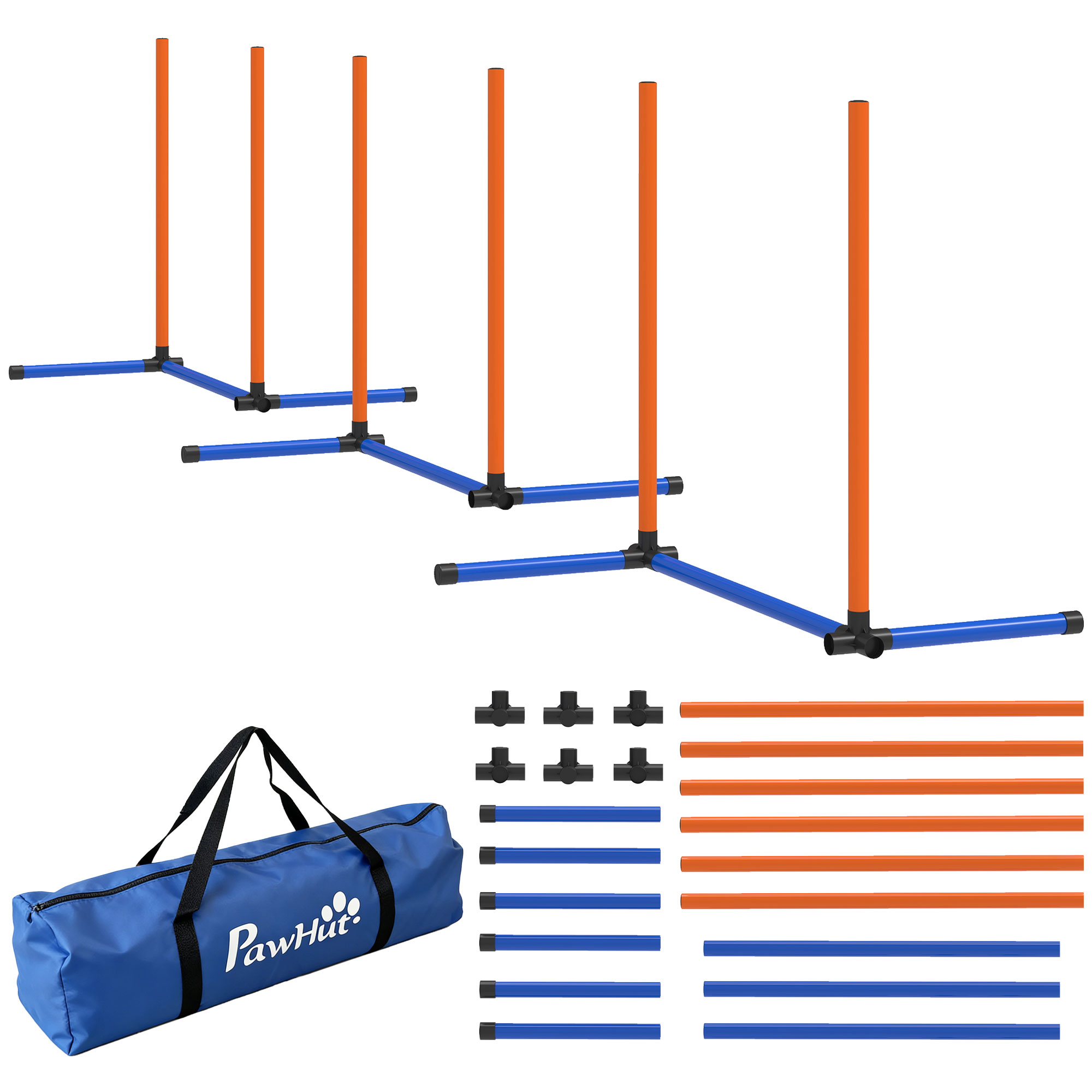 PawHut Agility Set Hunde, 3-teiliges Agility Ausrüstung mit Slalomstangen, Erdspießen, Tragetasche, Trainingsset für alle Hundegrößen, für drinnen und draußen, Orange Aosom