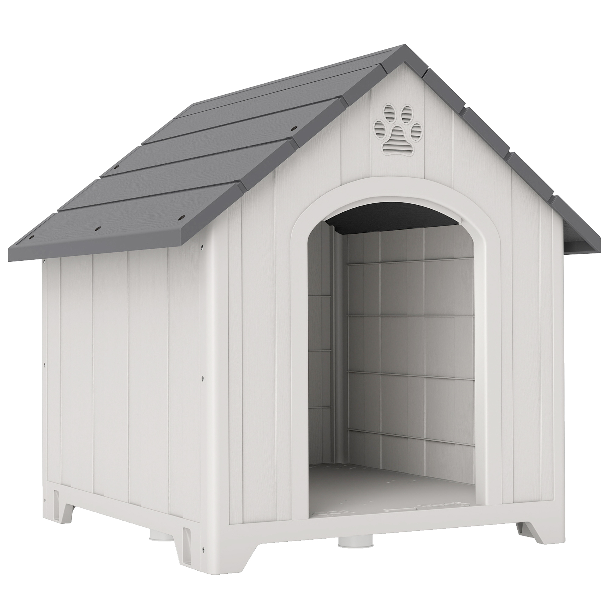 PawHut Außen-Hundehütte, wasserfeste Kunststoff-Hundehütte für große Hunde mit 2 Fenstern, erhöhter Sockel, Erdnägel, einfache Montage, 88x79x89 cm, Grau Aosom