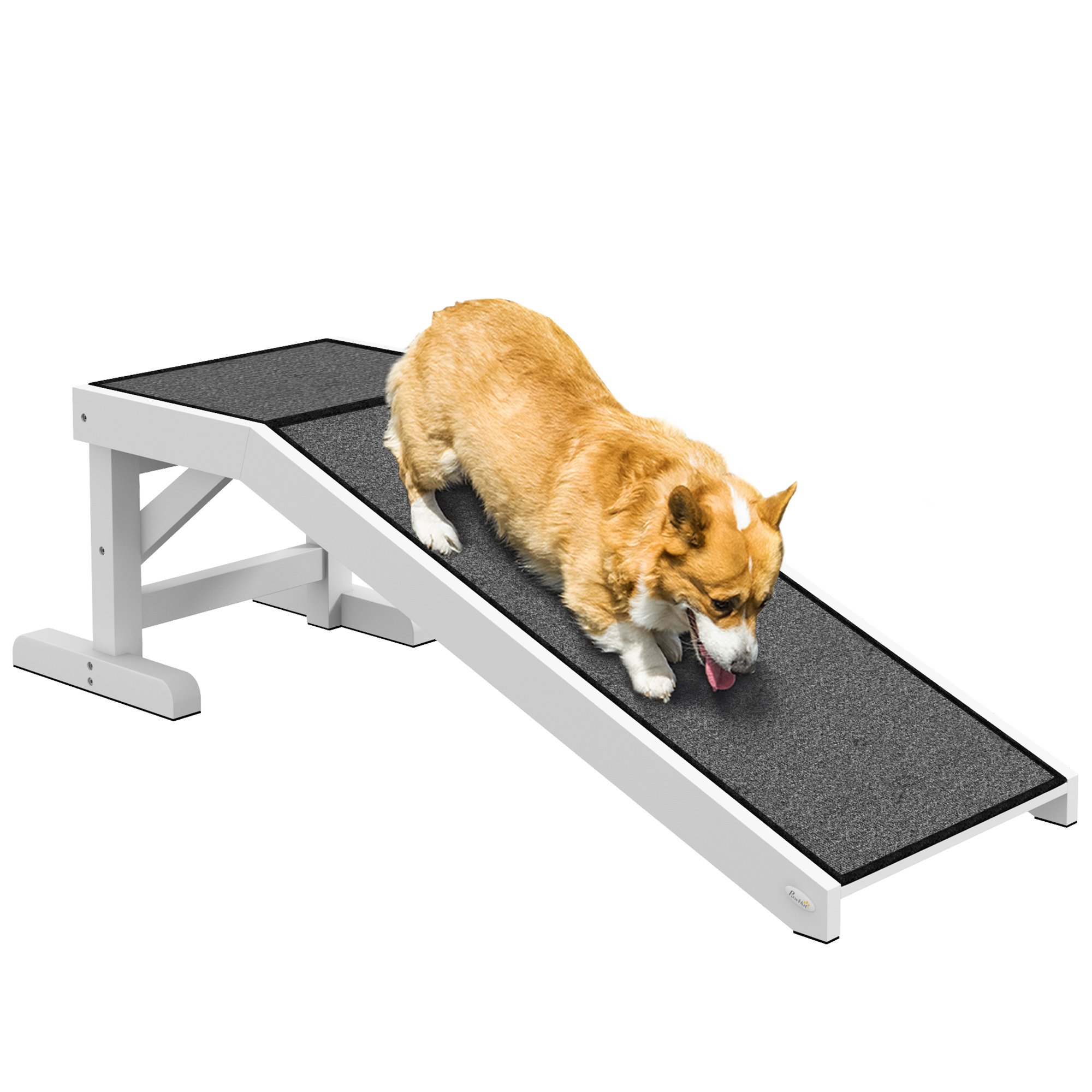 PawHut Haustierrampe mit rutschfestem Teppich Haustierleiter Hunderampe für Hund bis 30 kg Kiefernholz Polyester Weiß+Grau 125 x 40 x 35,5 cm Aosom