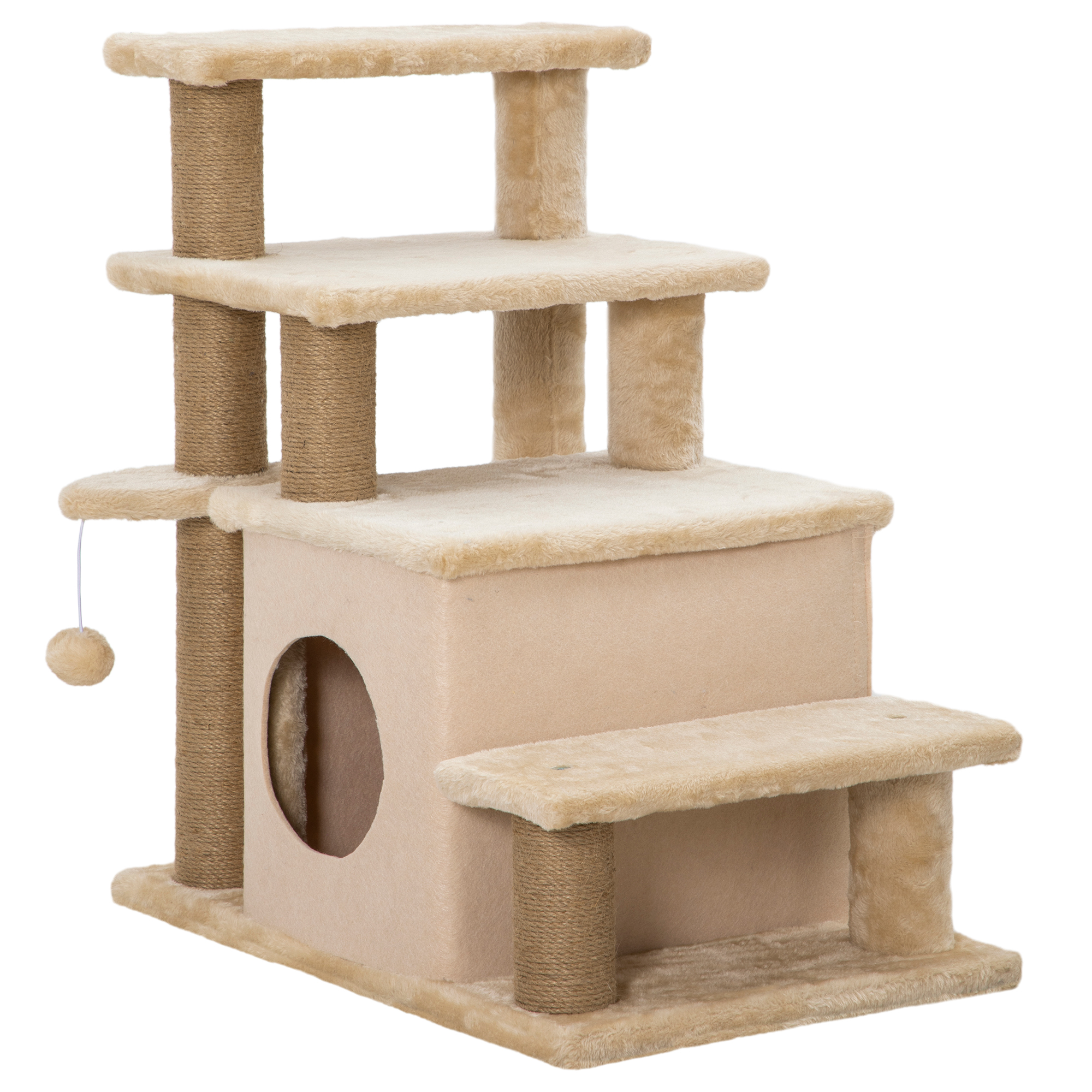 PawHut Haustiertreppe, 3/4-stufige höhenverstellbare Katzentreppe mit Schlafhöhle 2 in 1 praktische Hunderampe für kleine Hunde und Katzen Einstieghilfe für hohe Betten Sofa Beige 60 x 40 x 66 cm Aosom