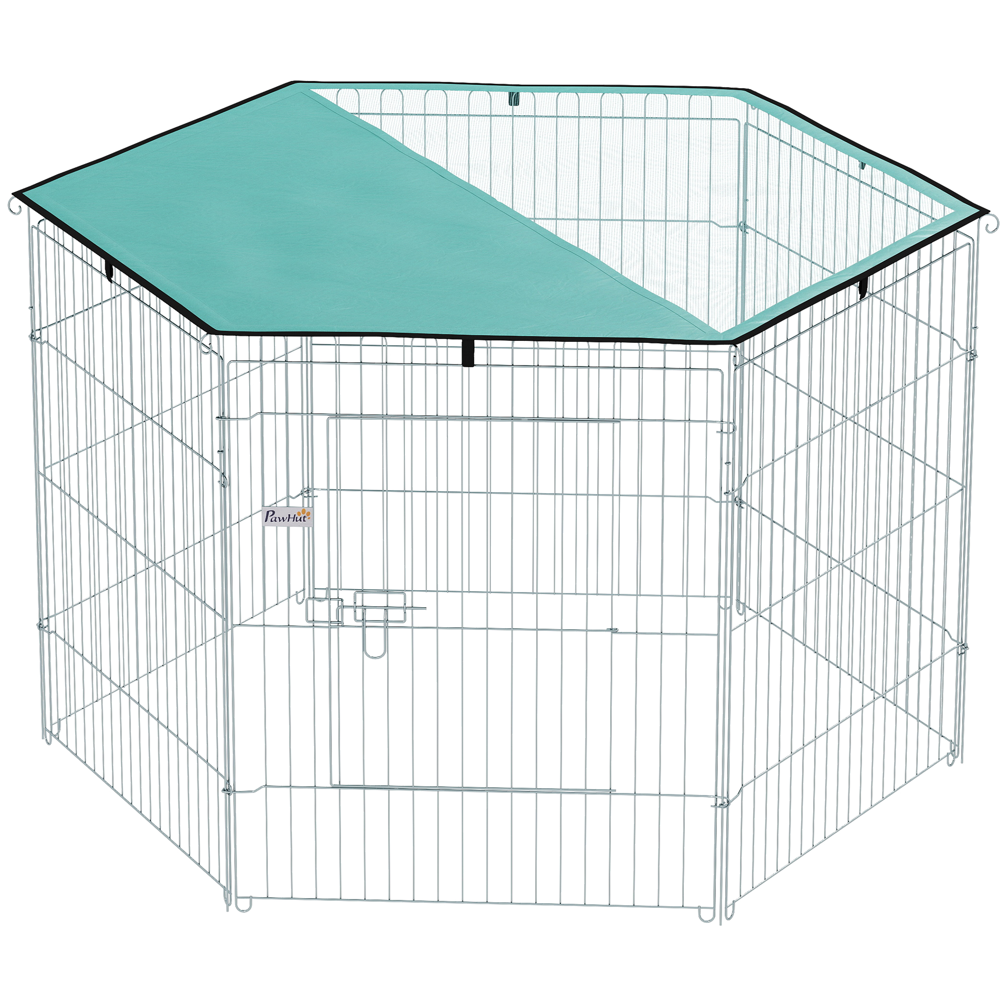 PawHut Hundegitter, 6-teiliger Gehege mit Dach, modular und faltbar, tragbares Gehege 76H cm mit Tür, Zaun für Katzen, kleine Hunde, Innen- und Außenbereich, silber, grün Aosom