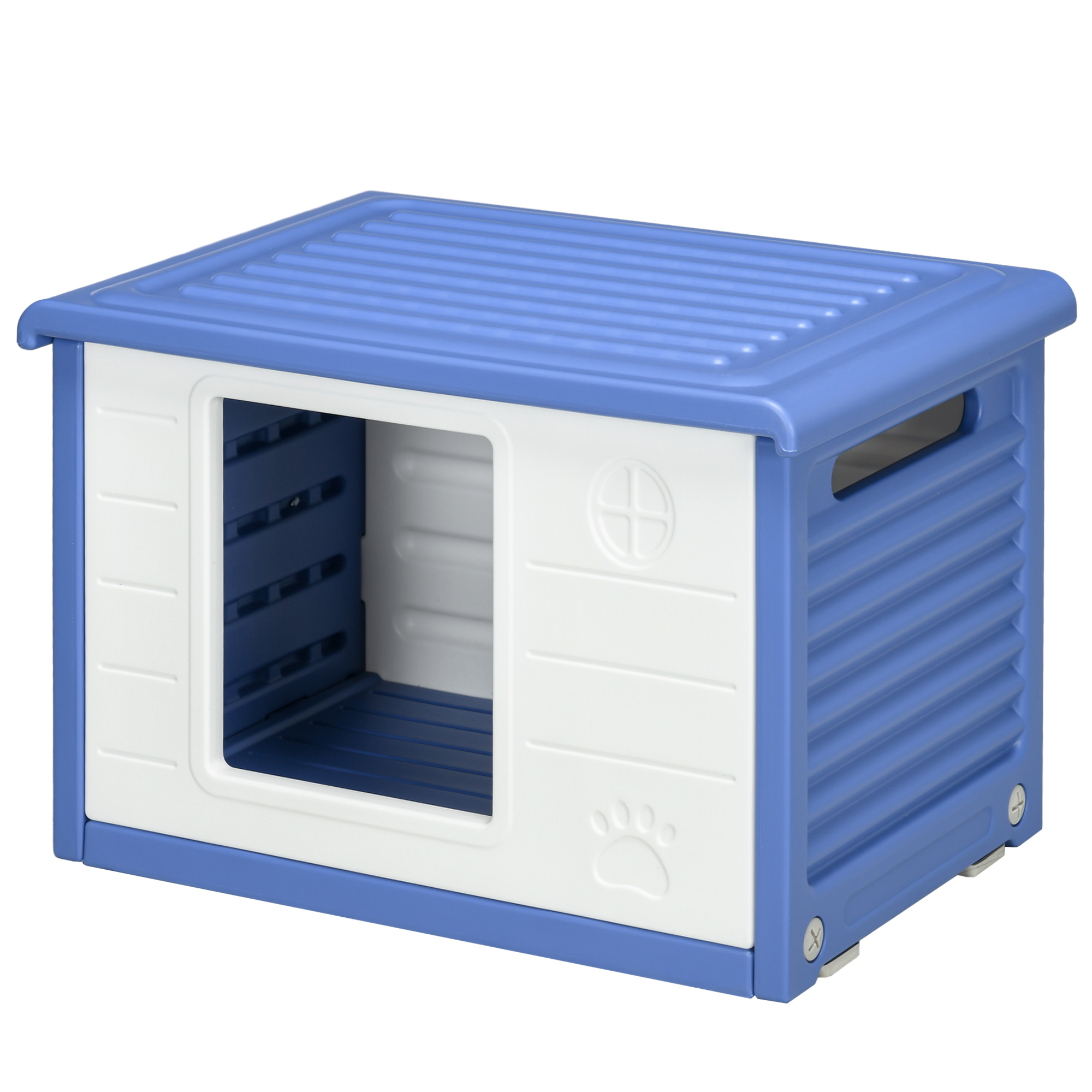 PawHut Hundehütte draußen Hundehütte für Welpen aus Kunststoff Hundehaus mit Belüftungsöffnungen wasserdicht dim. 60L x 42B x 40H cm blau und weiß Aosom