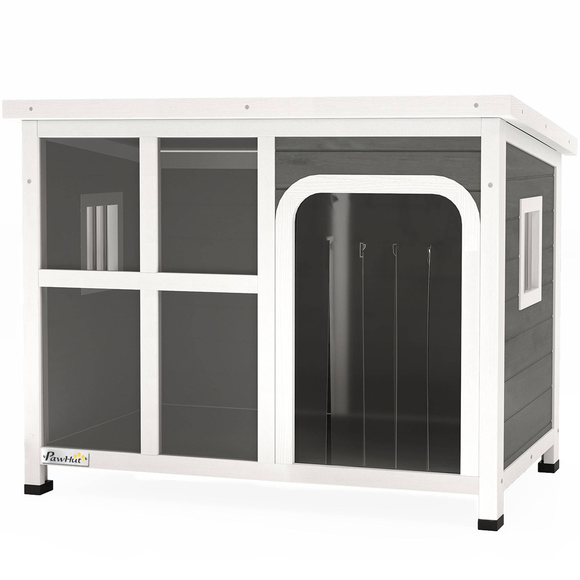 PawHut Hundehütte für kleine und mittelgroße Hunde mit Seitenfenstern und Eingangsvorhang, Hundehütte für den Außenbereich mit herausnehmbarer Basis und abnehmbarem Dach, 90x62x71 cm, Hellgrau Aosom