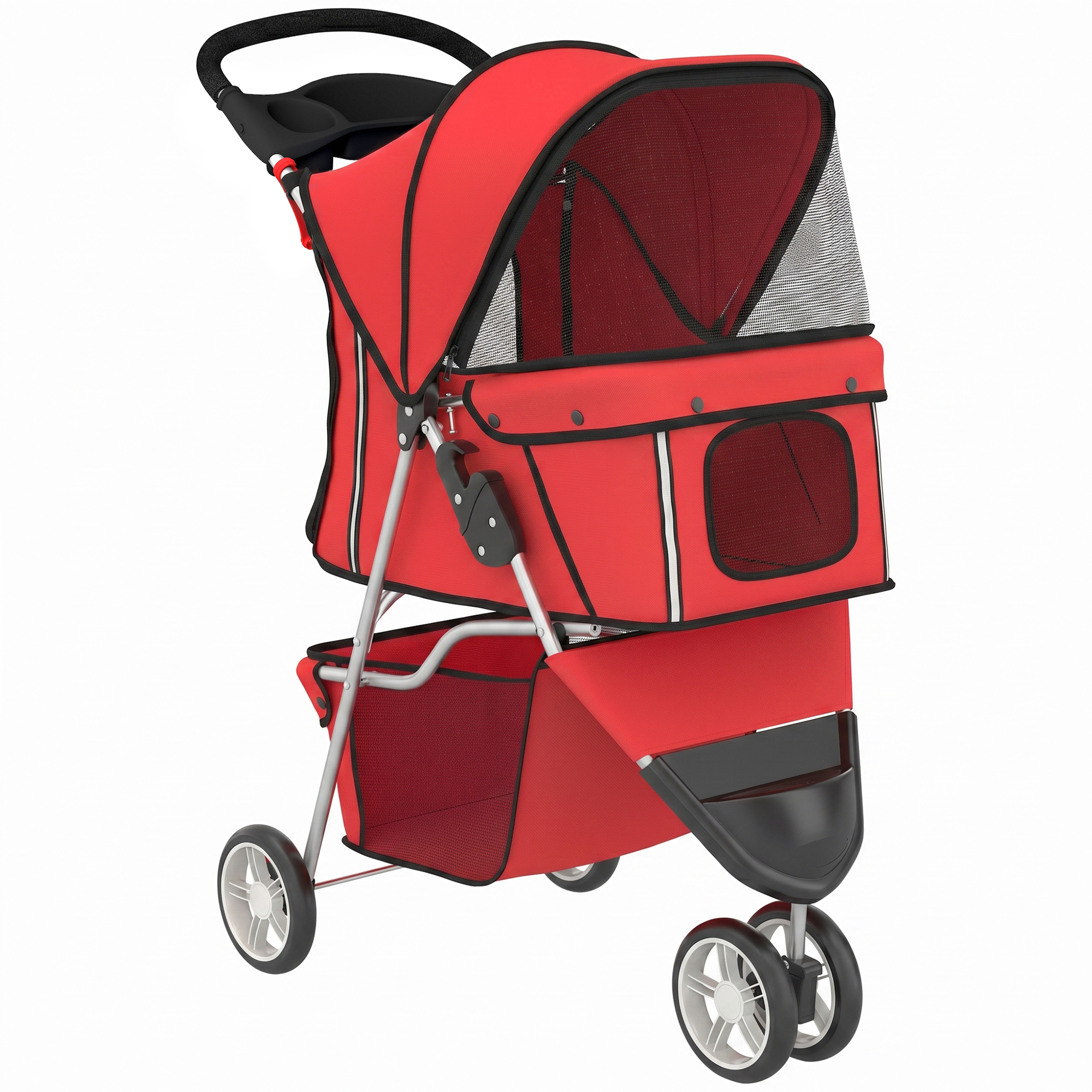 PawHut Hundewagen Hundebuggy Faltbar Katzenwagen bis 10kg mit verstellbarem Verdeck, Aufbewahrungskorb, Getränkehalter, atmungsaktivem Mesh, Haustierbuggy für kleine Hunde, Rot Aosom