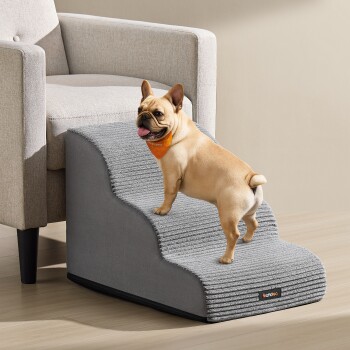FEANDREA Hundetreppe, 2/3/4Stufen, Cord mit Querstreifen, wasserdicht, rutschfest, abnehmbarer waschbarer Bezug hellgrau L