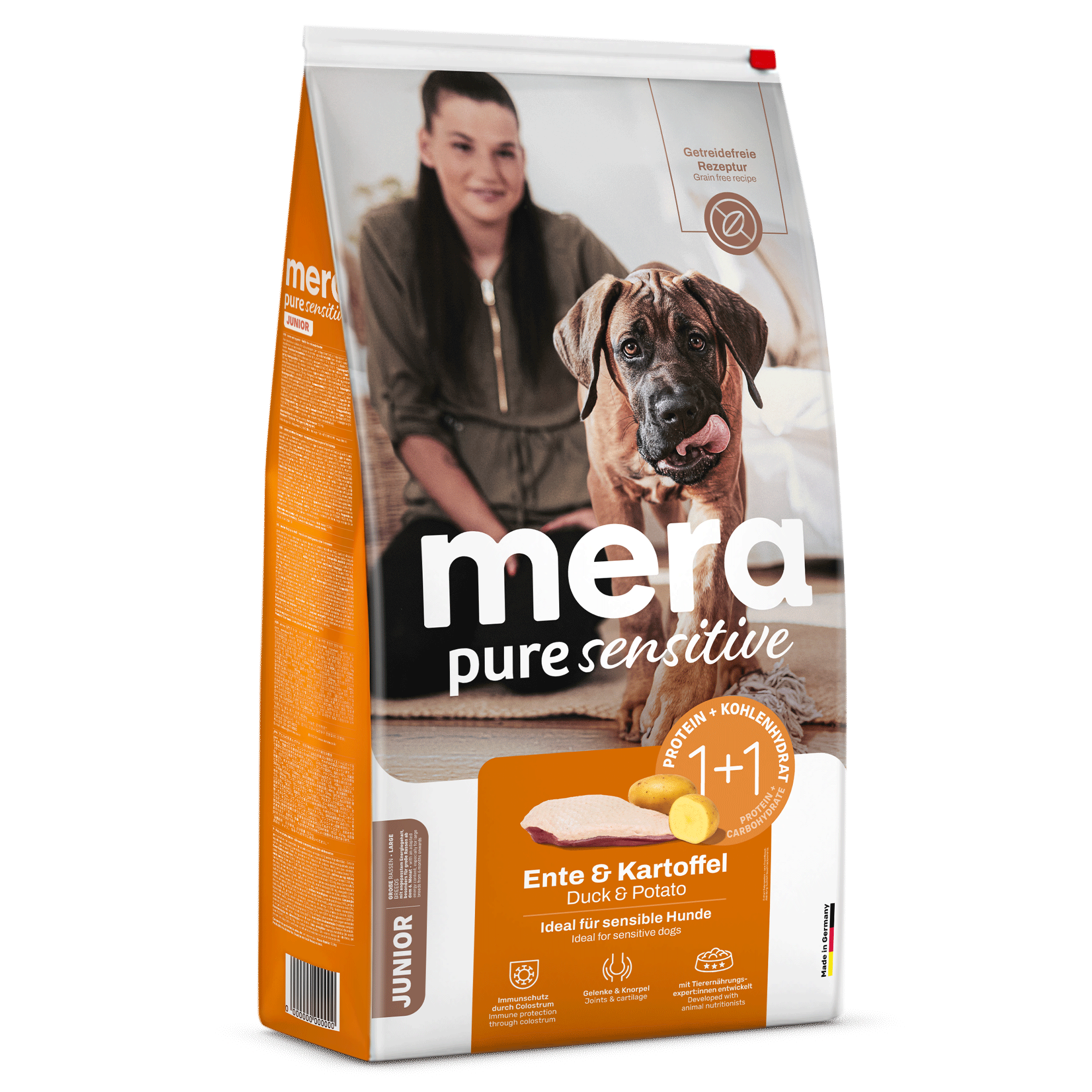 mera pure sensitive Ente & Kartoffel Junior 4kg - Trockenfutter getreidefrei für junge Hunde großer Rassen