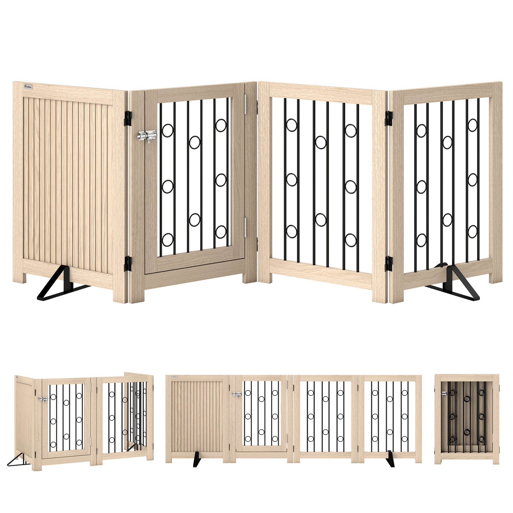 PawHut Absperrgitter Hund Freistehendes Schutzgitter, HxB: 70 x 205 cm Faltbares Hundegitter mit 2 Stützfüßen, Abschließbarer Tür, Haustiergitter für Küche, Kamin, Tür, 4 Paneelen, Eiche