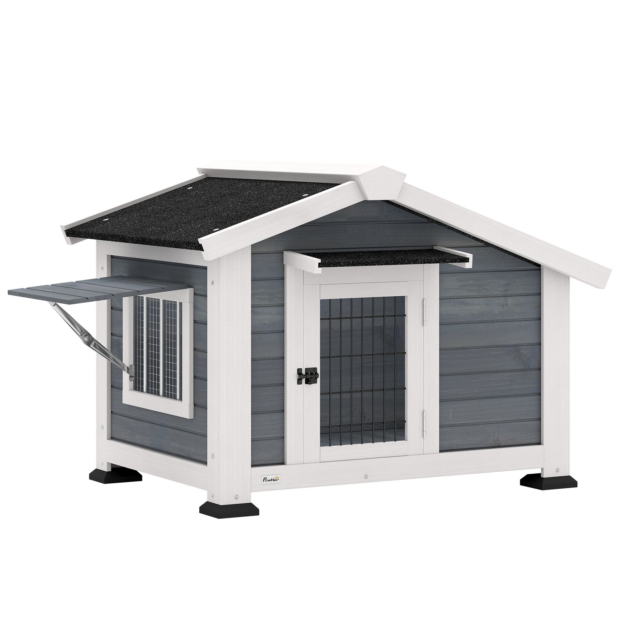 PawHut Außen-Hundehütte aus Holz, Hundehütte für mittelgroße Hunde mit Asphaltdach, herausnehmbarem Boden, aufklappbarem Fenster und belüfteter Tür, erhöhte Basis, 98x76x69,5 cm, Grau
