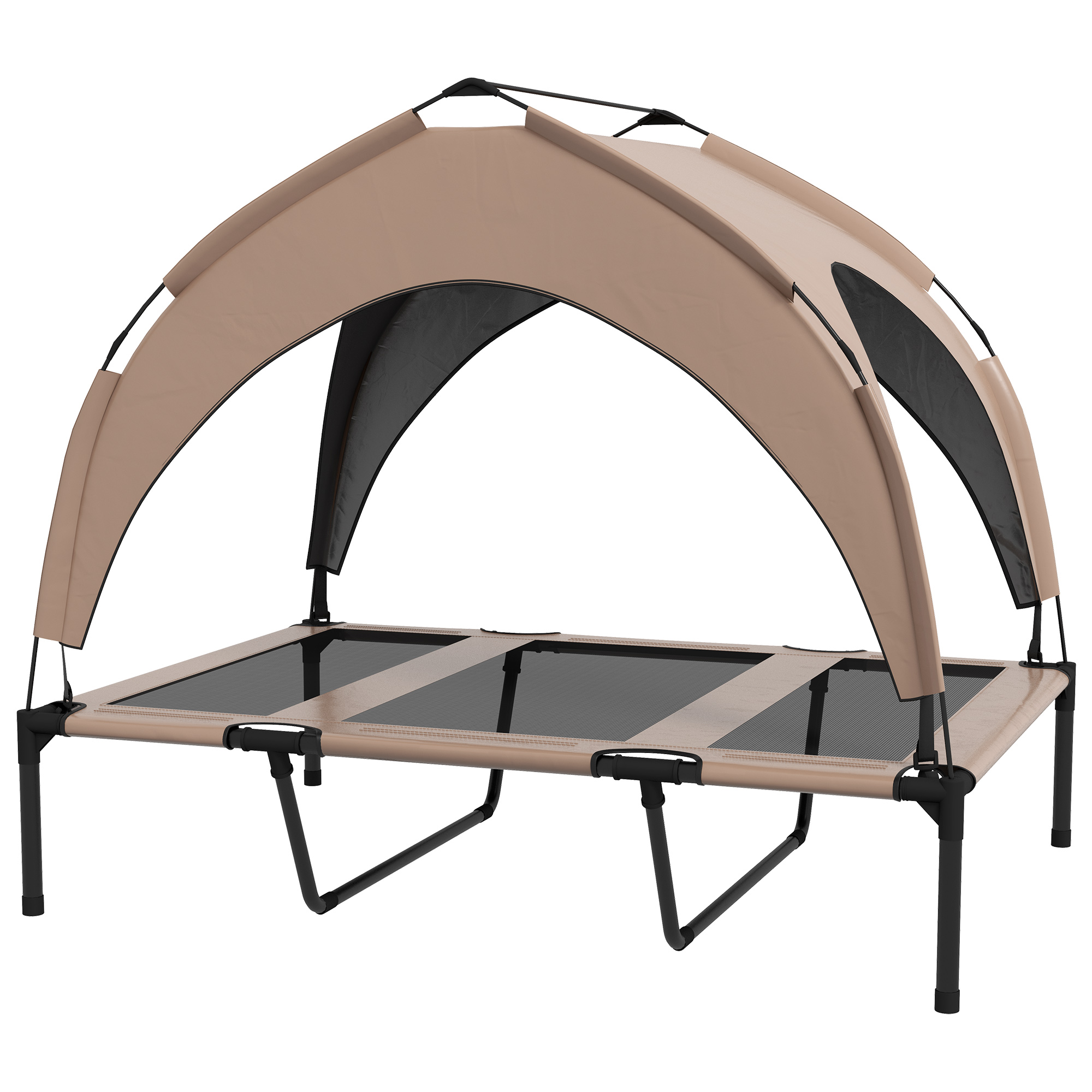 PawHut Erhöhtes Hundebett, Hundeliege, Taffeta-Baldachin, Hundebett, mikroperforiertes Textilene-Gewebe + Transporttasche inklusive, einfach zu montieren, 106 x 76 x 94 cm, Kaffee