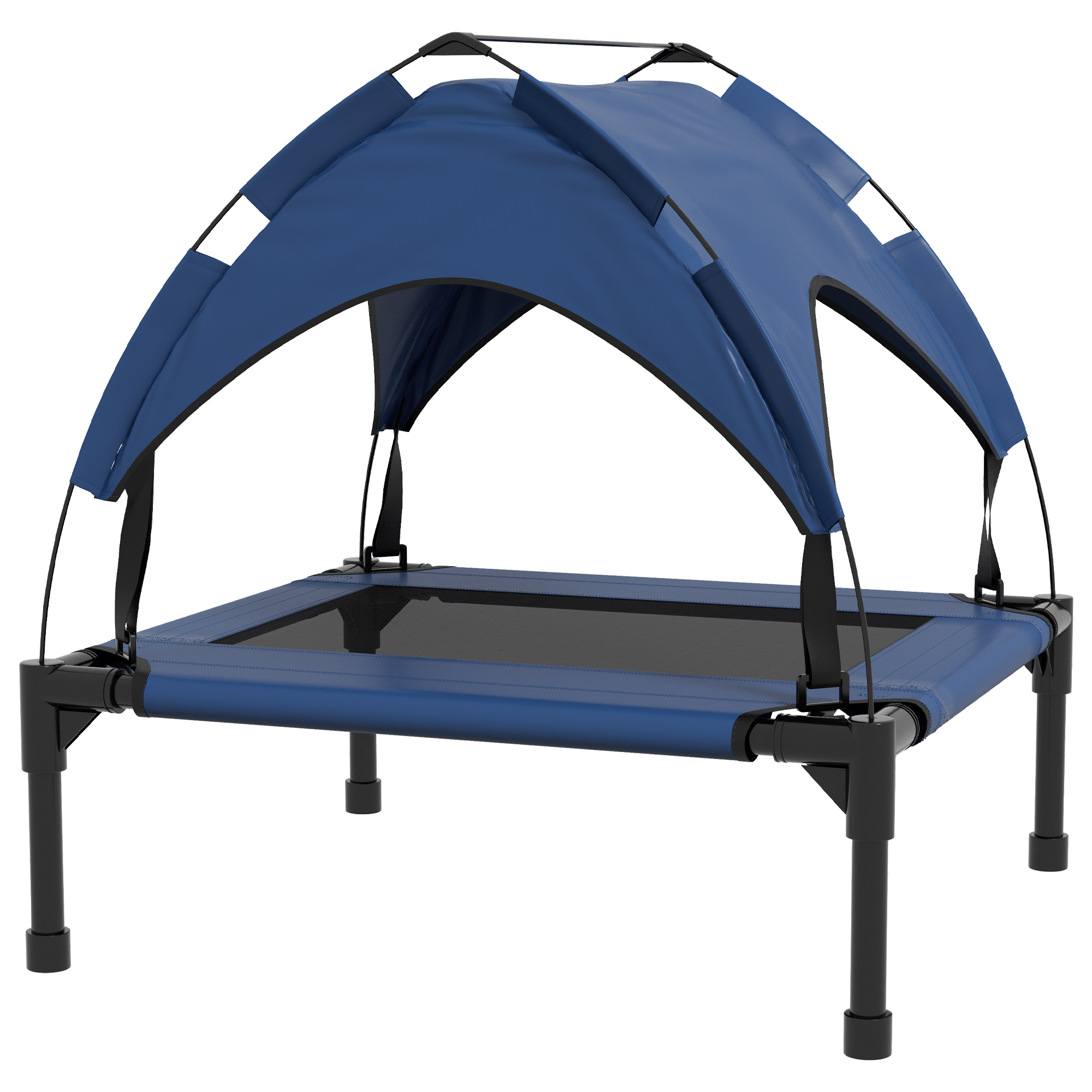 PawHut Erhöhtes Hundebett mit Baldachin, Haustierbett, Outdoor Hundeliege mit Dach, Atmungsaktiv, für kleine und mittelgroße Hunde Dunkelblau Oxford 76 x 61 x 69,5 cm
