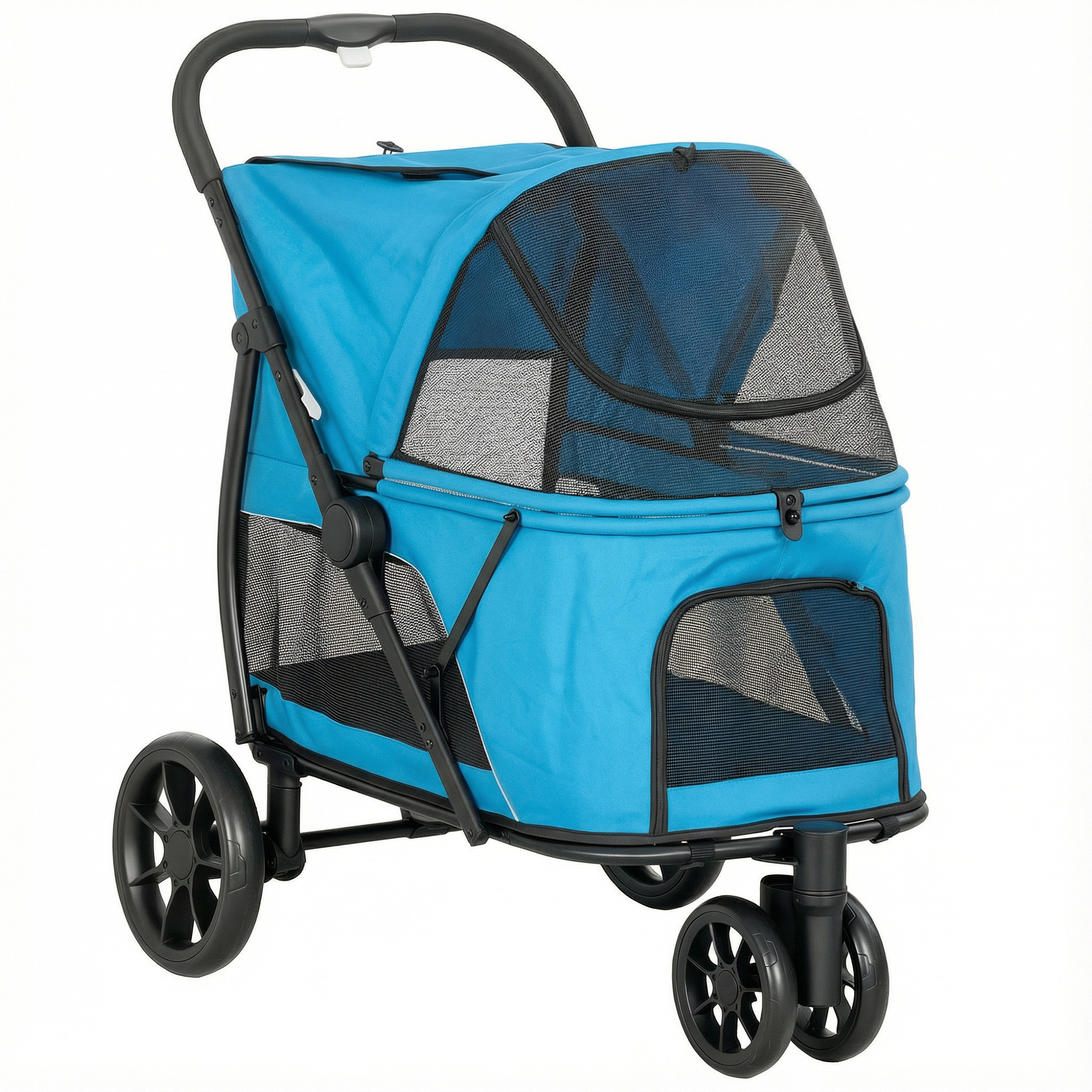 PawHut Faltbarer Hundewagen, Buggy für mittelgroße Hunde mit 3 Rädern, Mesh-Fenster, waschbares Kissen, Tasche, Sicherheitsgurte, Bremsen, geländetauglich, Traglast 20 kg, 92x63x95 cm, Blau