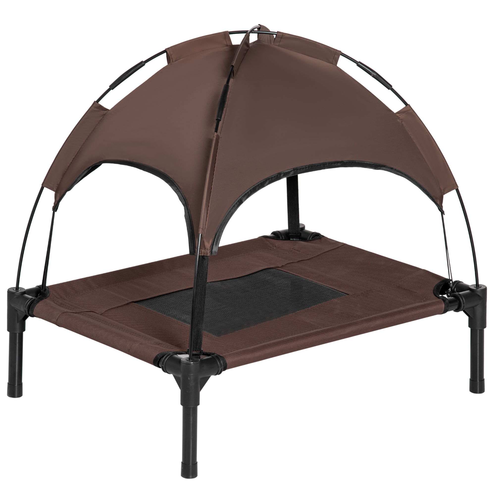 PawHut Haustierbett Outdoor mit Baldachin Erhöhtes Hundebett, Atmungsaktiver Taftstoff, Kaffee, 61x46x62cm