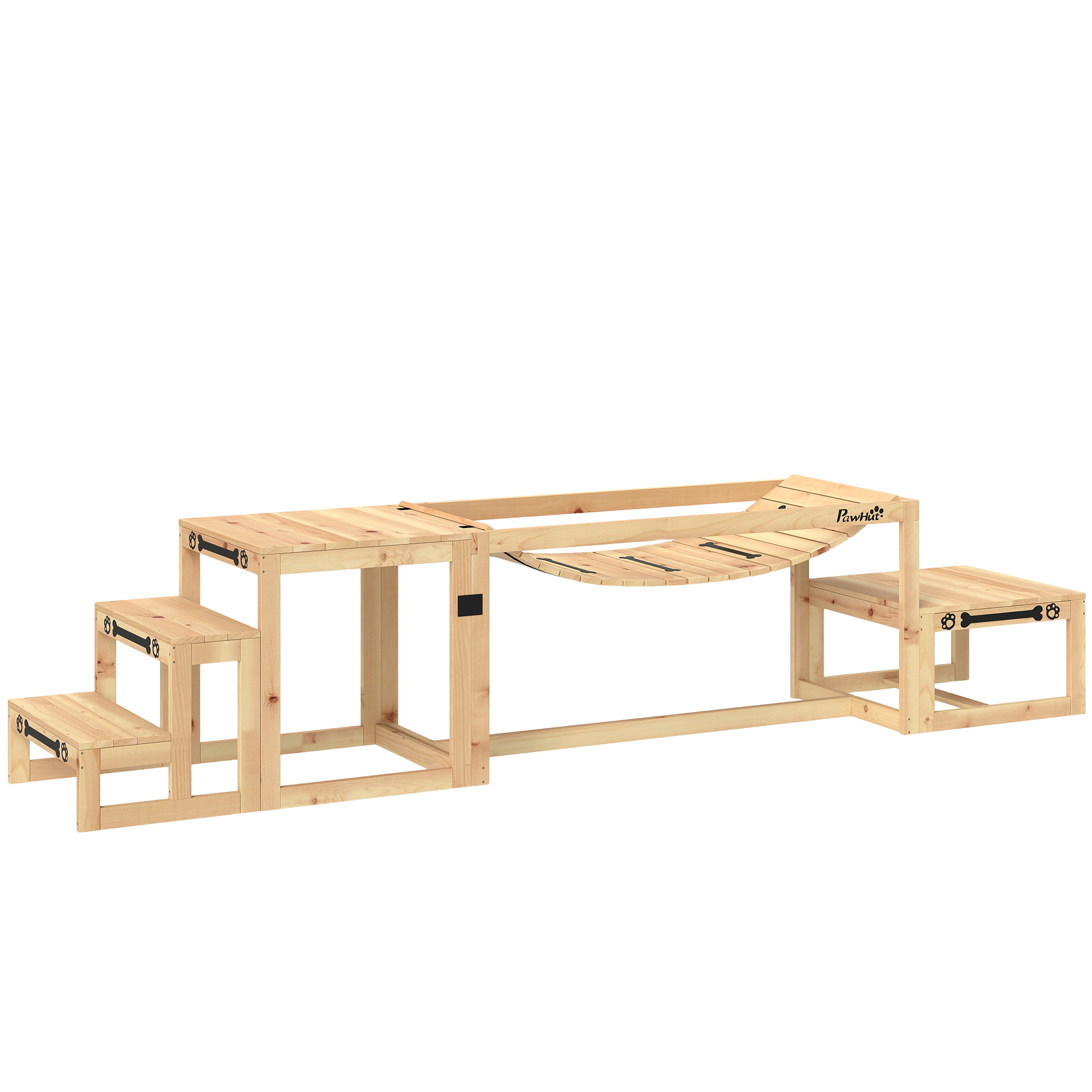 PawHut Hunde Agility Set, 4er-Set Hundetraining mit Brücke, Treppe, Plattform, Agility-Ausrüstung aus Tannenholz für große Hunde bis 40 kg, Naturholz