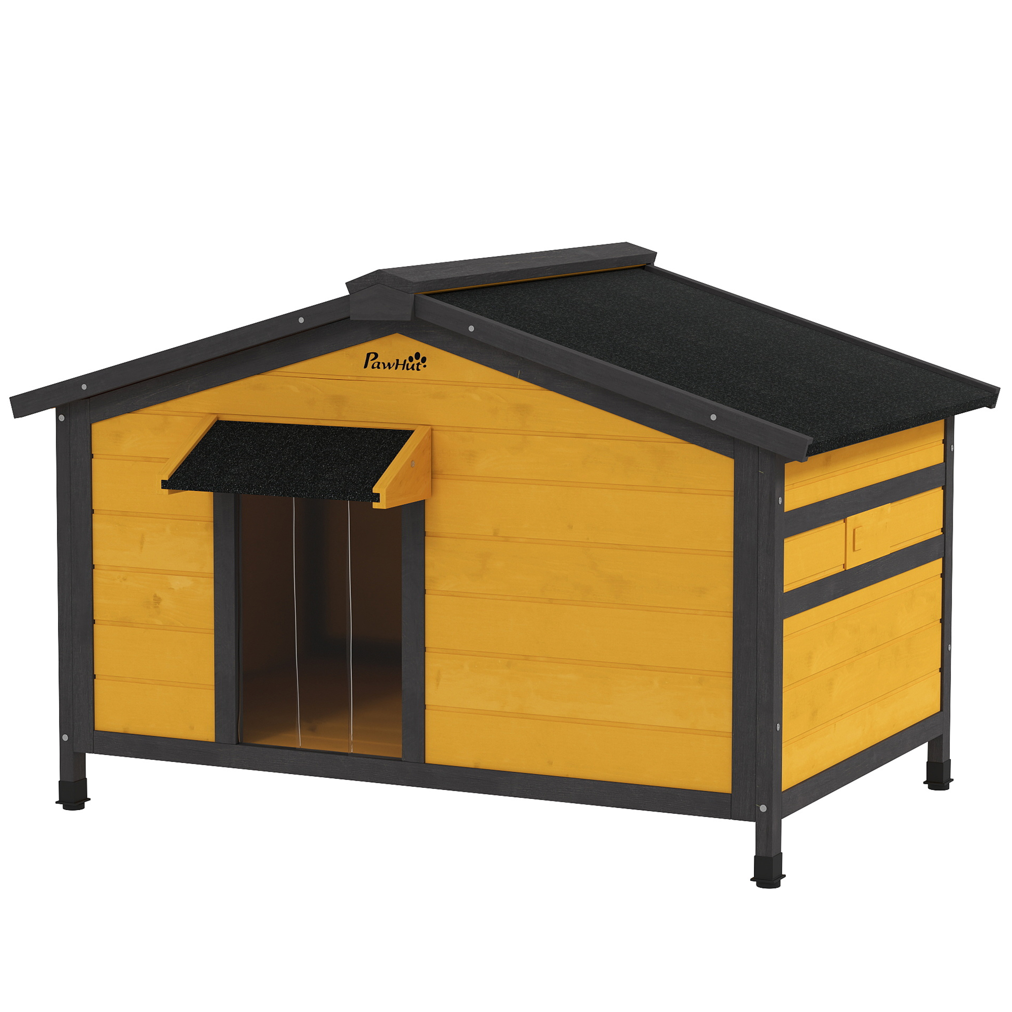 PawHut Hundehaus für Draußen Kleine Hundehütte mit Klappbarem Asphaltdach 2 Fenstern mit Türvorhang und herausnehmbarer Basis 97x72x65 cm Naturholz