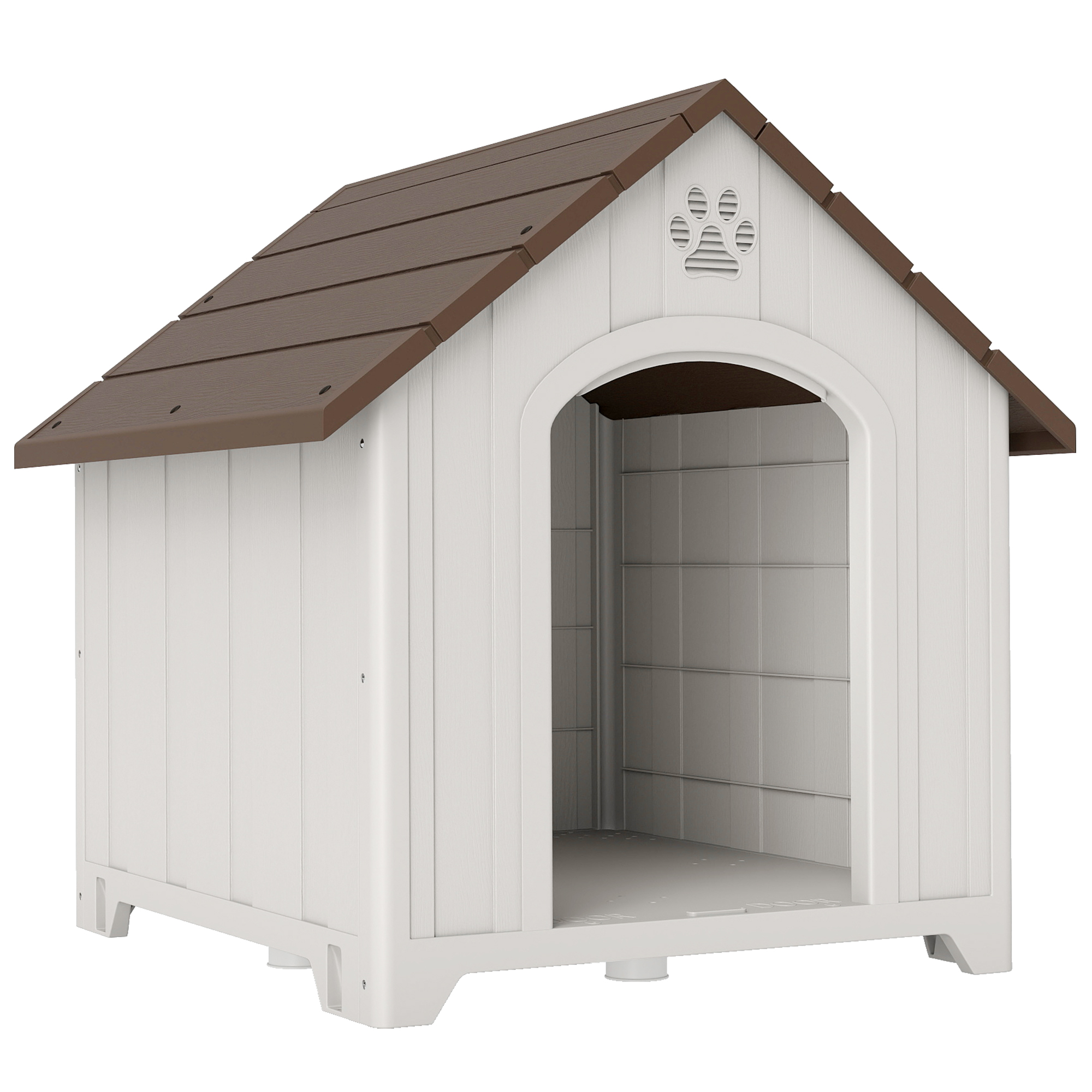 PawHut Hundehütte für draußen, wasserdichtes Hundehäuschen aus Kunststoff für große Hunde mit 2 Fenstern, erhöhte Basis, Erdnägel, einfach zu montieren, 88x79x89 cm, Dunkelbraun
