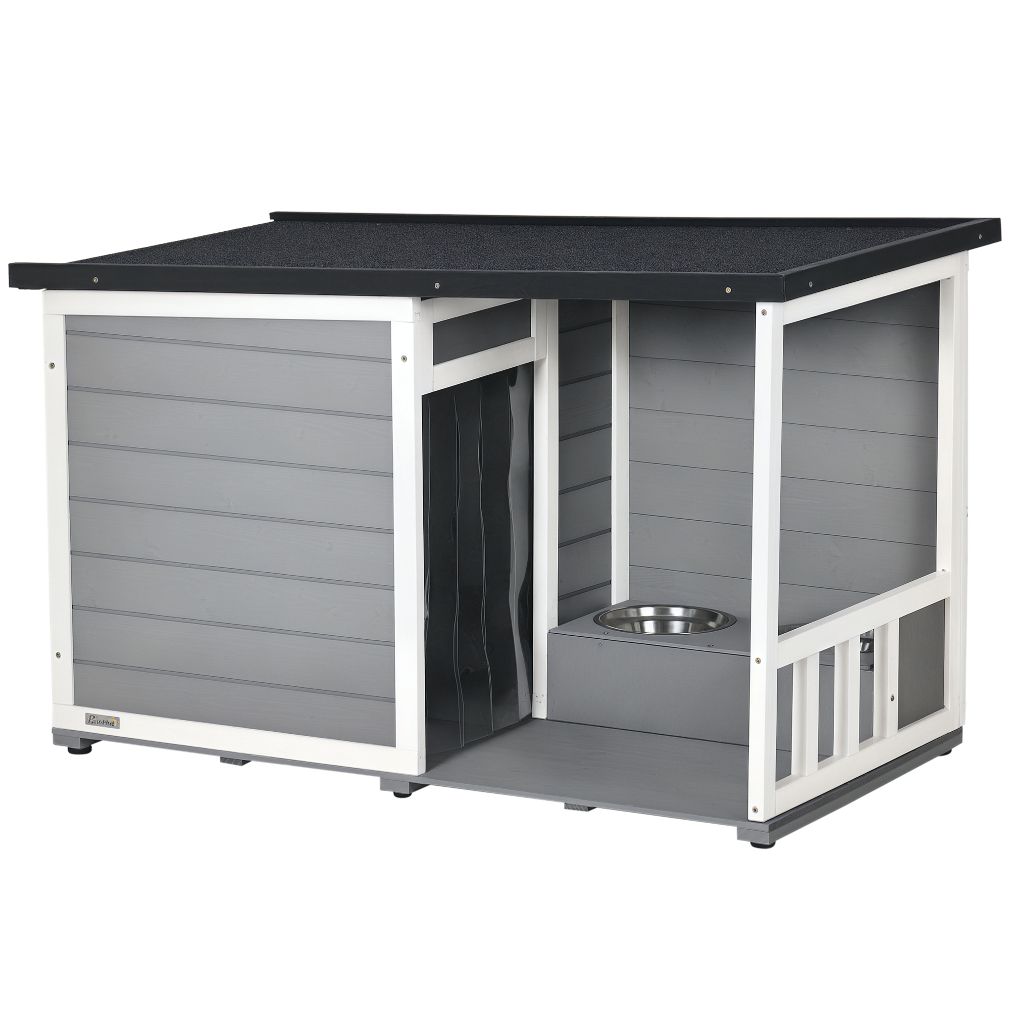 PawHut Hundehütte mit Terrasse aus Tannenholz, wetterbeständig, mit 2 Schüsseln & Asphaltdach, Grau, 103x62x60-66cm .de