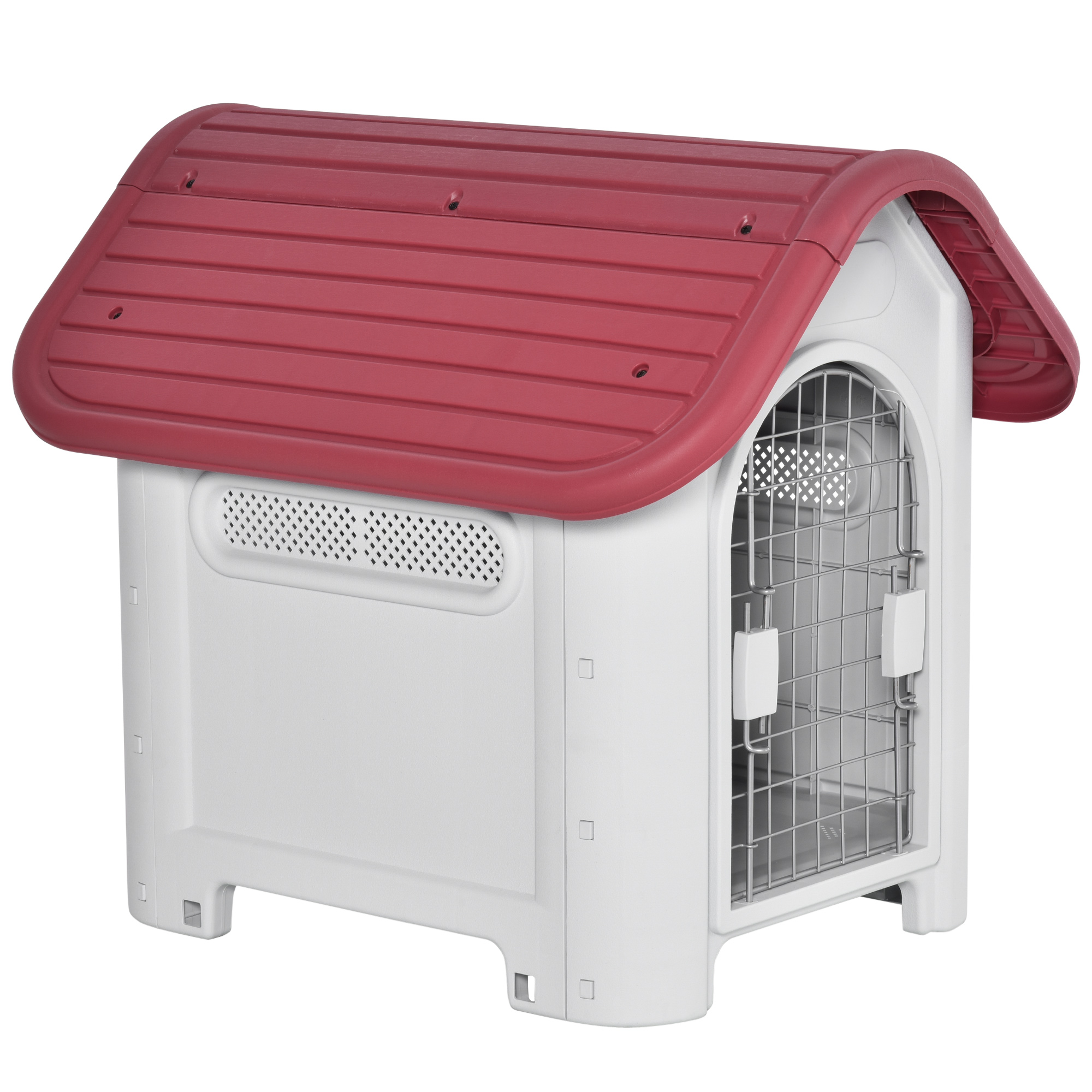 PawHut Hundehütte Outdoor, Hundehaus mit Dachluke, Tor, Unterschlupf für kleine Hunde, Kleintierstall, Luftzirkulation, wasserdicht, Rot