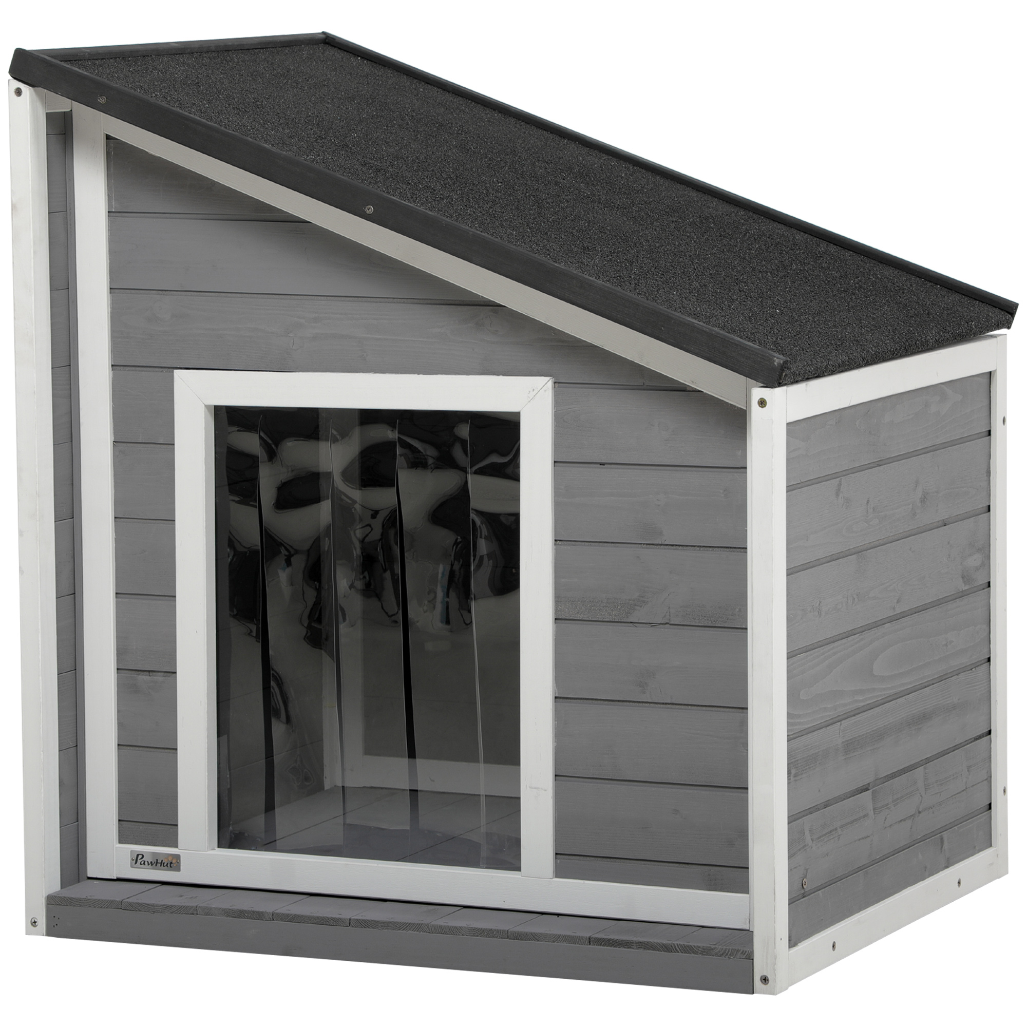 PawHut Hundehütte wetterfestes Hundehaus aus Tannenholz mit Asphaltdach & Türvorhang Grau 71x58x53/77cm für kleine Hunde .de